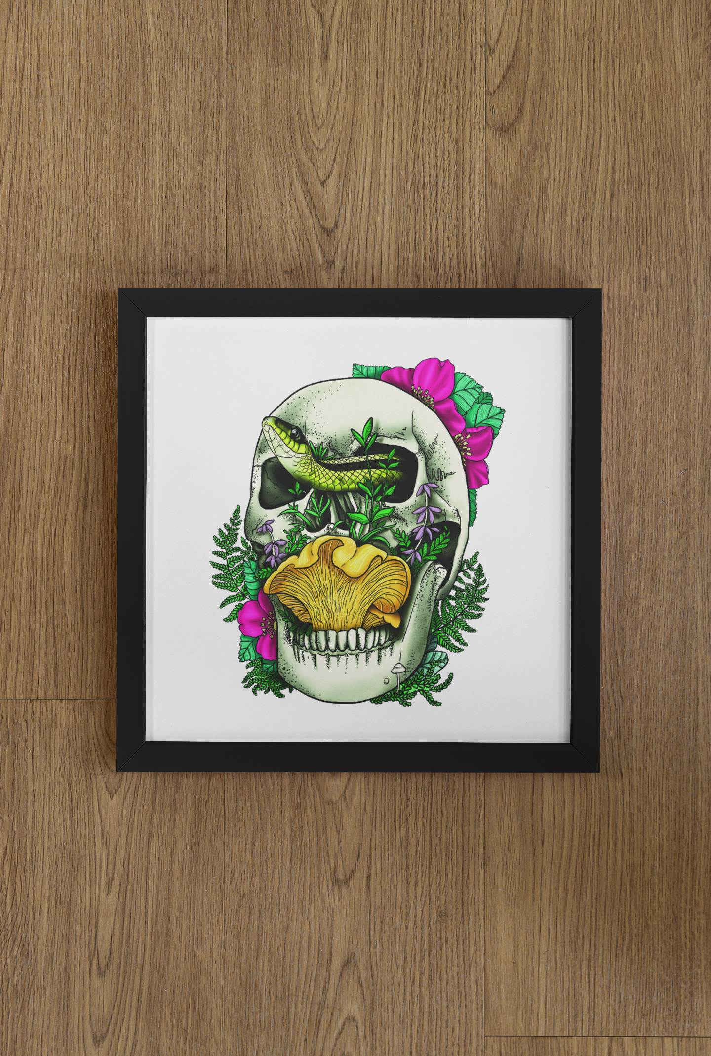 Skull, Snake and Chanterelle Mushroom | 8"x8" Print | Morbid and Beautiful Nature Wall Hanging