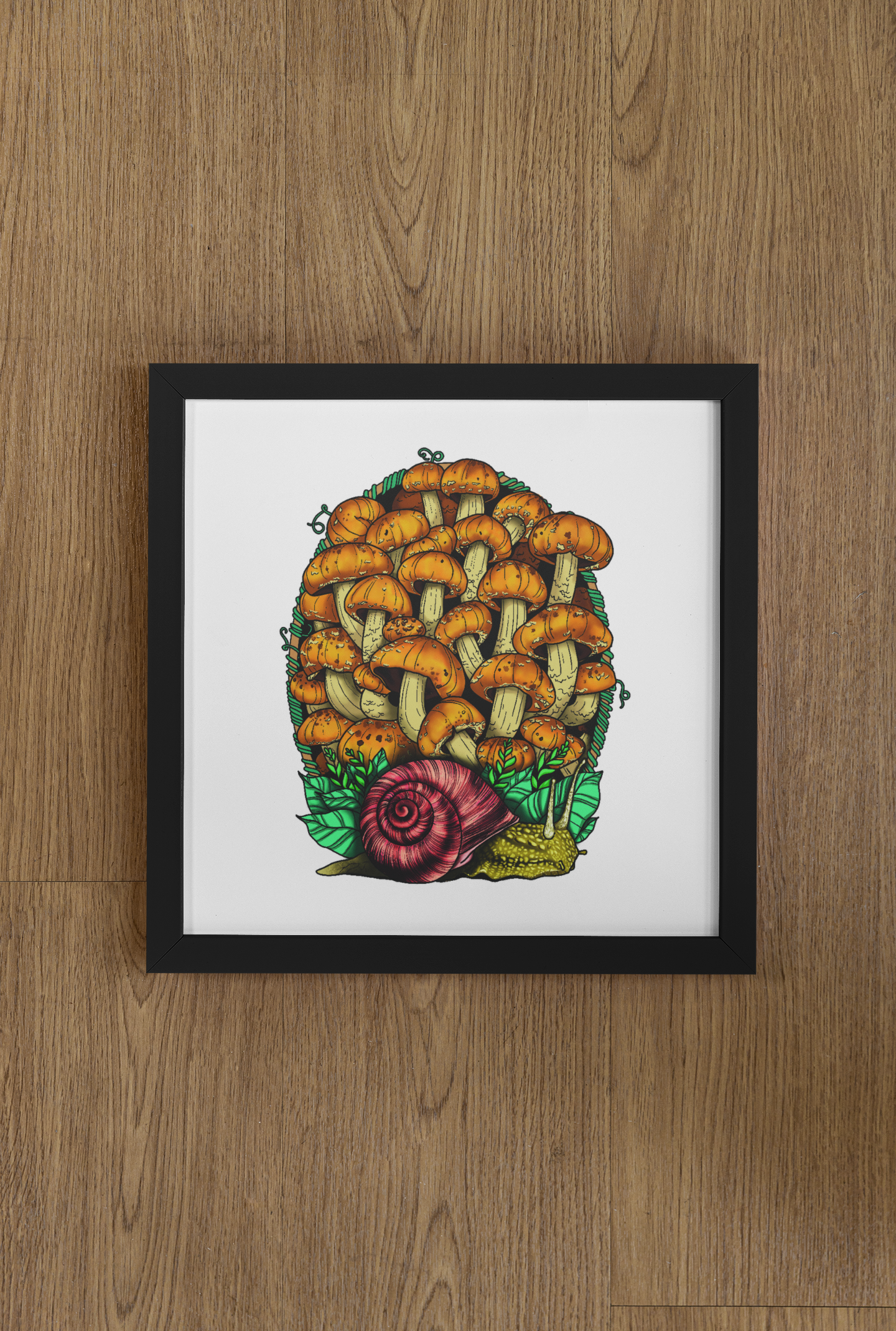 Land Snail and Chestnut Mushrooms | 8"x8" Print | Beautiful Nature Wall Hanging