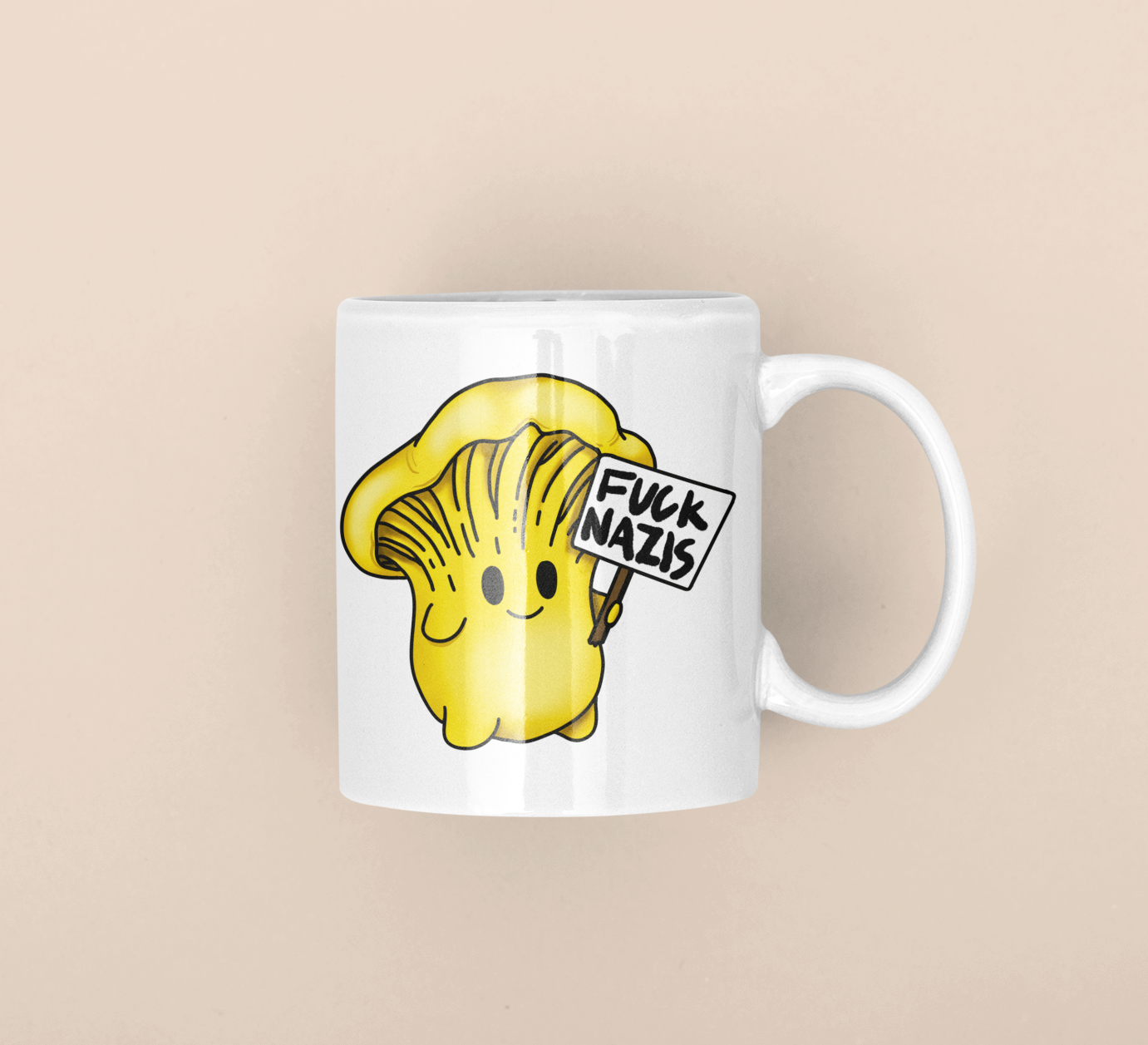 Fuck Nazis Chanterelle | Anti-Nazi Mushroom Mug | Mushroom Artwork on Ceramic Cup | 11oz/15oz Sizes