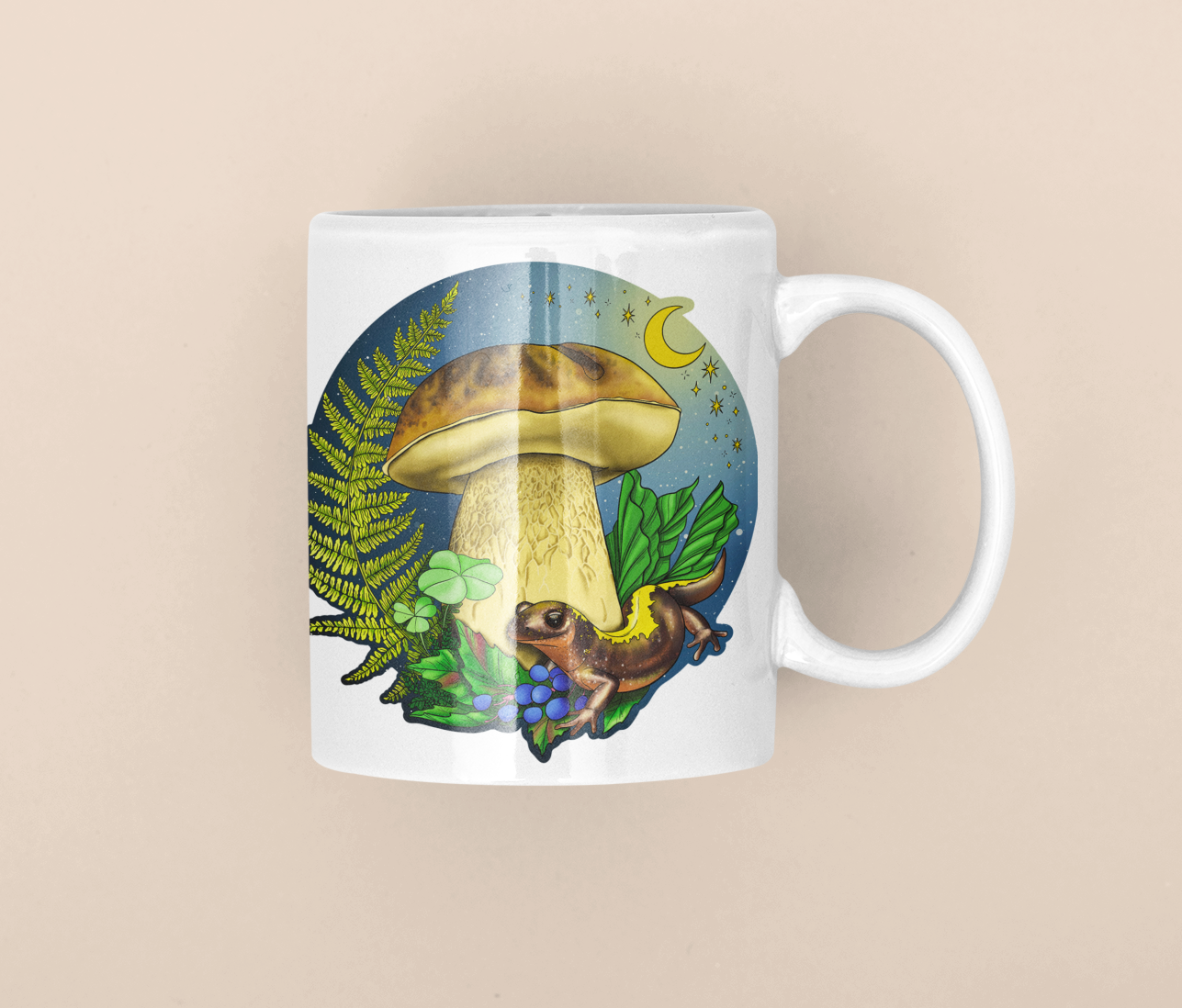 Porcini Mushroom and Salamander | Beautiful Mushroom Mug | Nature Artwork on Ceramic Cup | 11oz/15oz Sizes