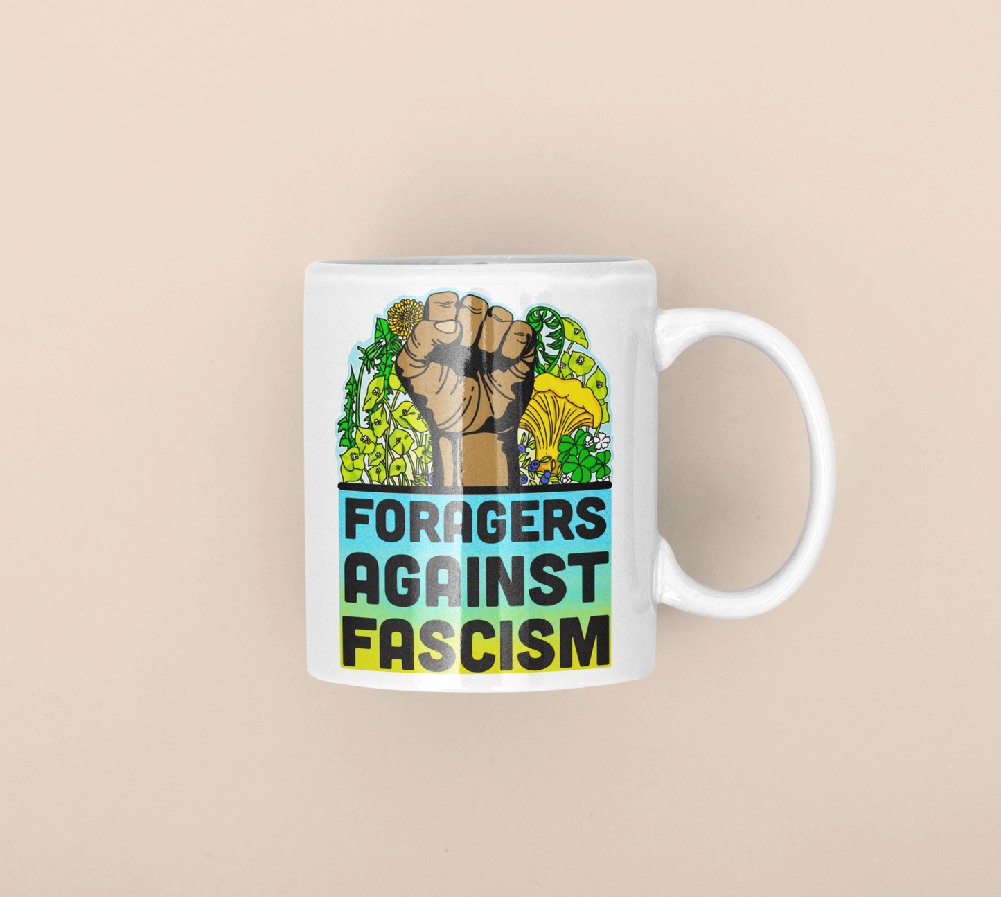 Foragers Against Fascism | Anti-Oligarchy Mushroom Mug | Mushroom Artwork on Ceramic Cup | 11oz/15oz Sizes