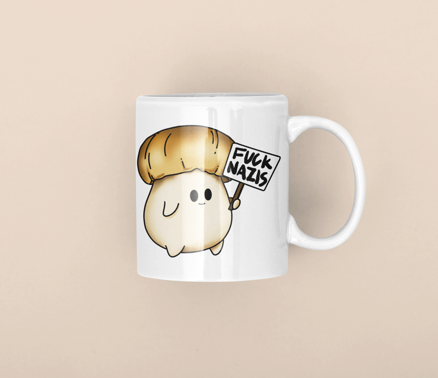 Fuck Nazis Porcini | Anti-Nazi Mushroom Mug | Mushroom Artwork on Ceramic Cup | 11oz/15oz Sizes