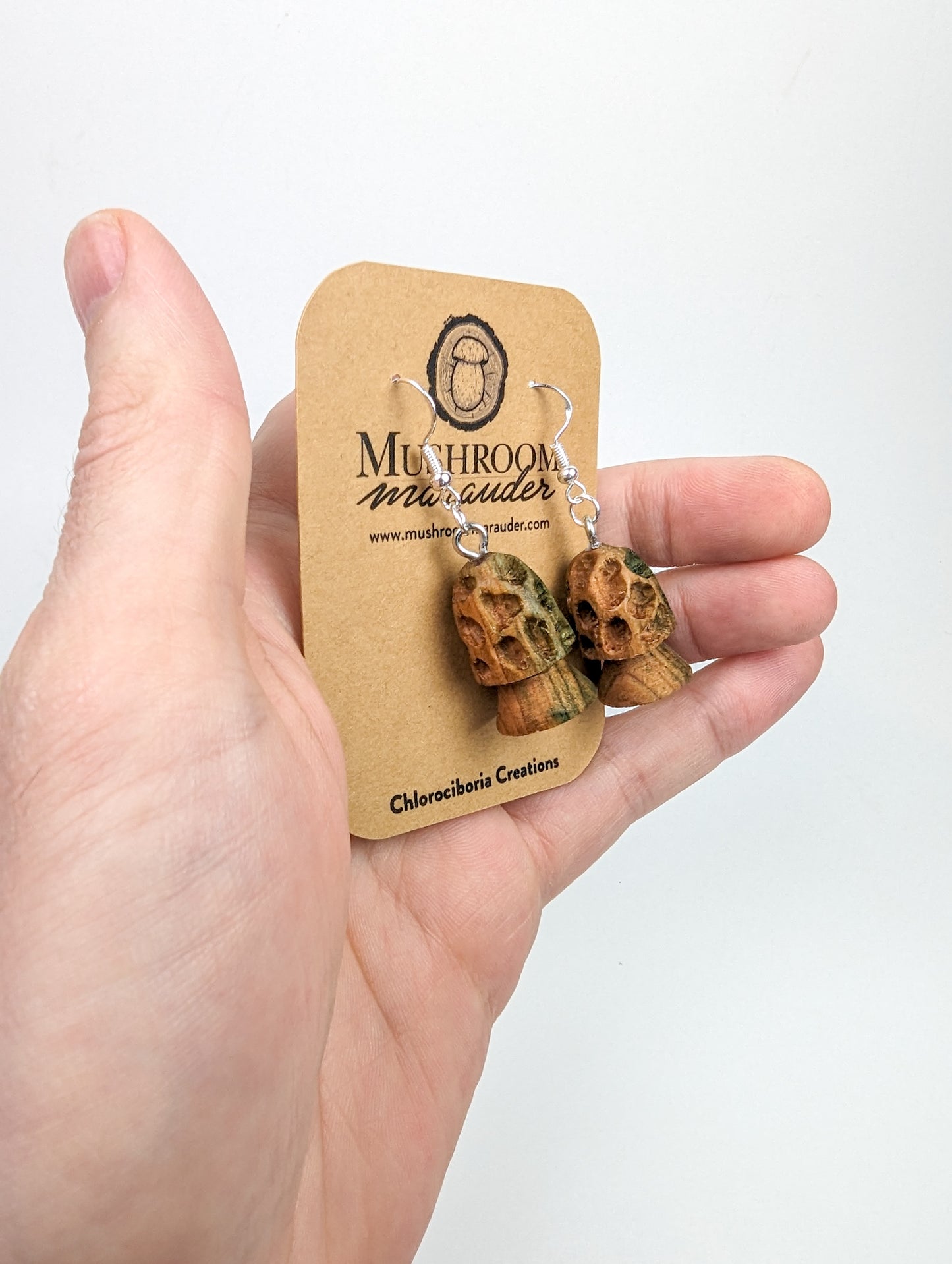 Morel Mushroom Earrings #11 | Carved From Naturally Green, Fungus-Stained Wood