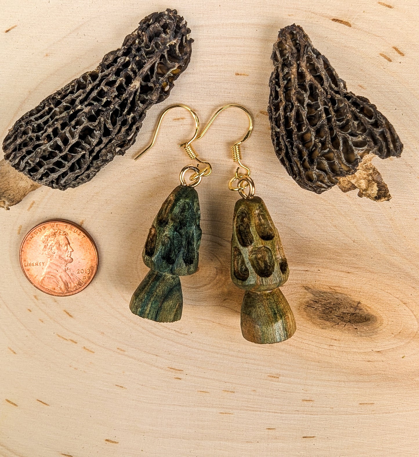 Morel Mushroom Earrings #19 | Carved From Naturally Green, Fungus-Stained Wood