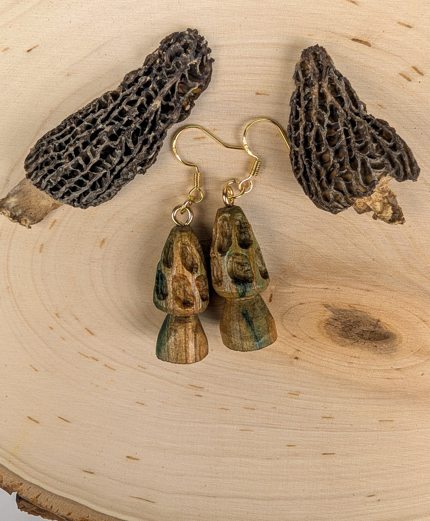 Morel Mushroom Earrings #19 | Carved From Naturally Green, Fungus-Stained Wood