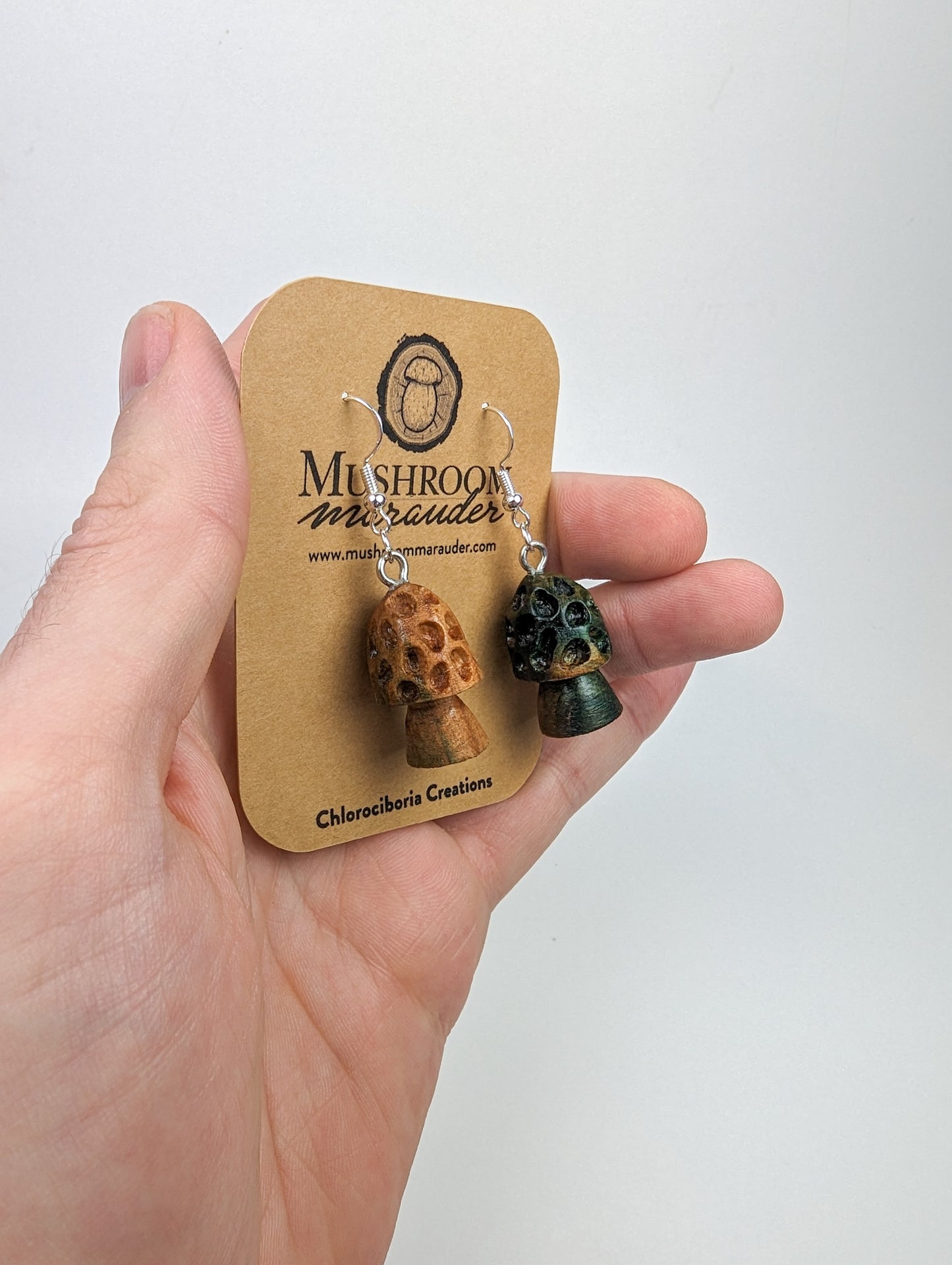 Morel Mushroom Earrings #12 | Carved From Naturally Green, Fungus-Stained Wood