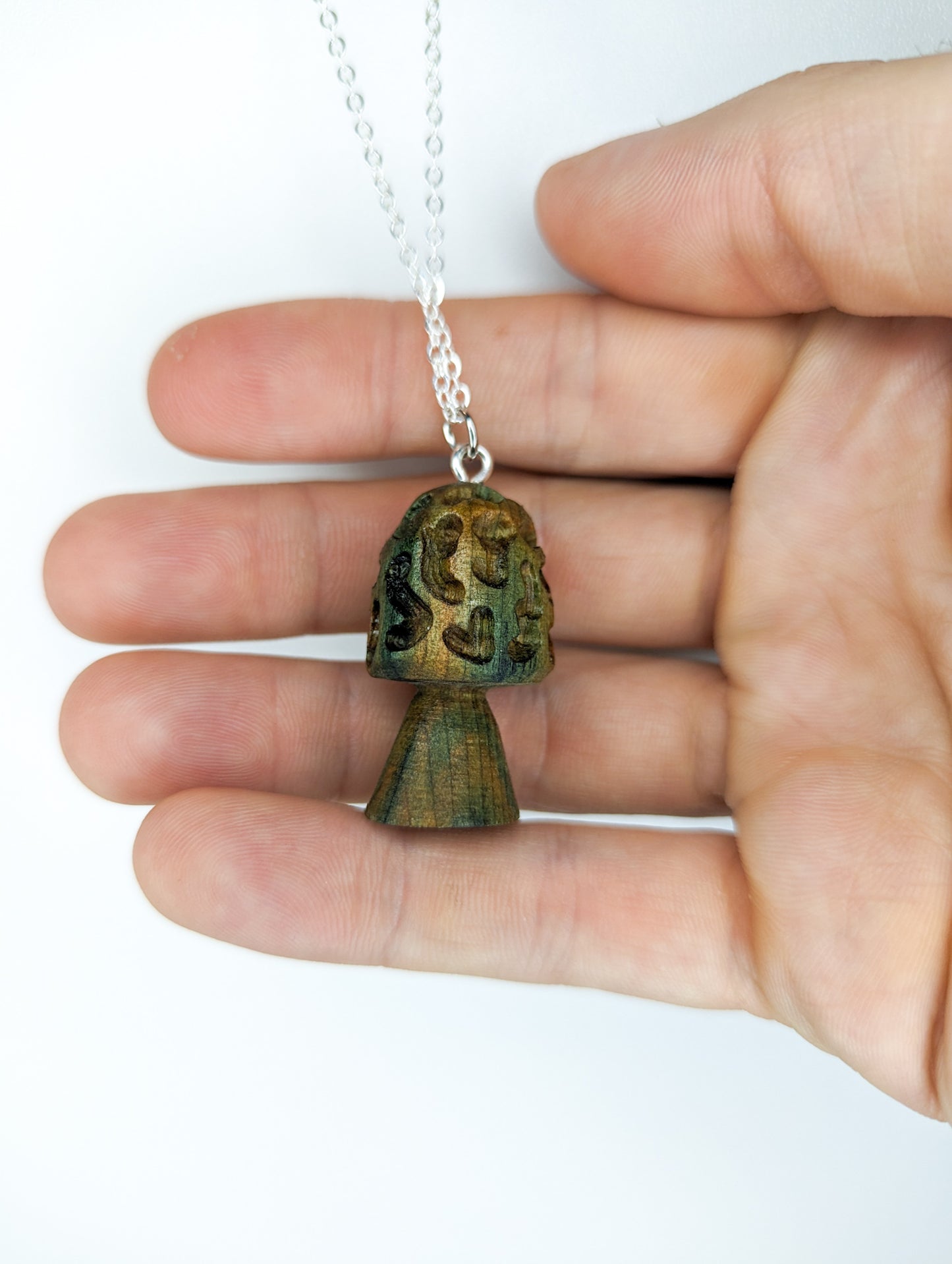 Hand Carved Morel Mushroom Pendant | Naturally Fungus-Stained Wood (Chlorociboria)