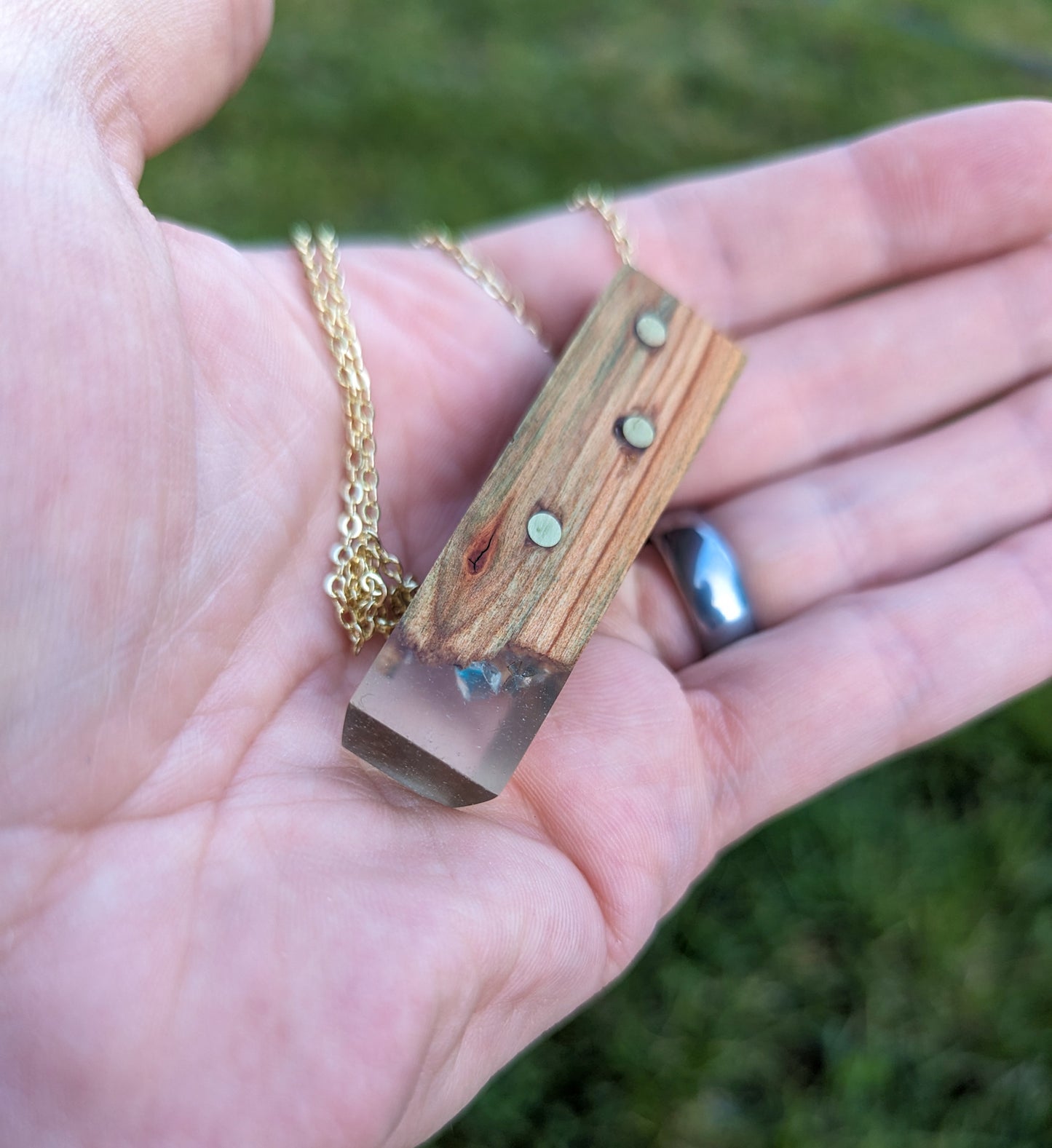 Naturally Fungus-Stained Wooden Pendant | Embellished with Brass Rods, Clear Epoxy, and Blue Glass