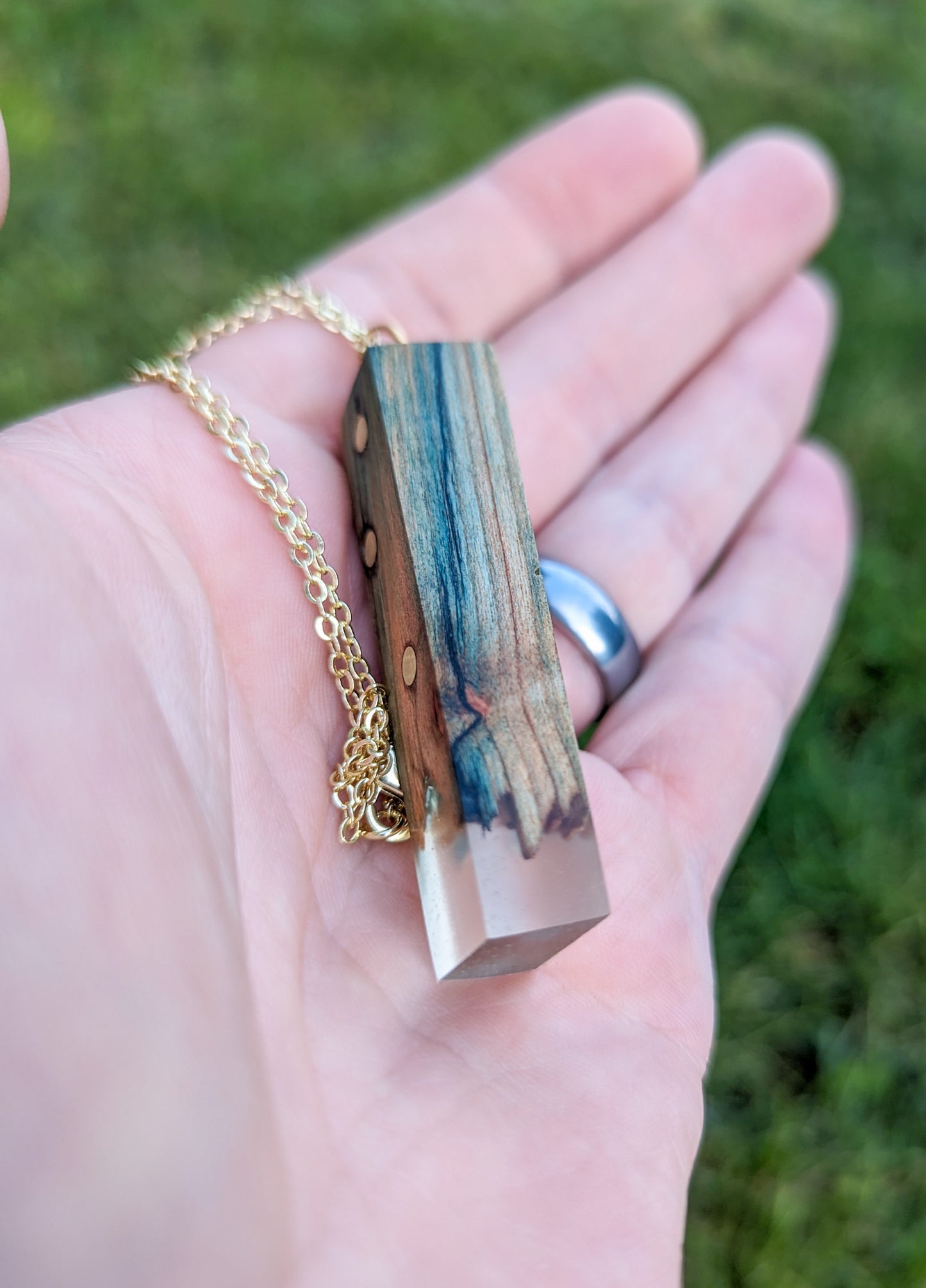 Naturally Fungus-Stained Wooden Pendant | Embellished with Brass Rods, Clear Epoxy, and Blue Glass