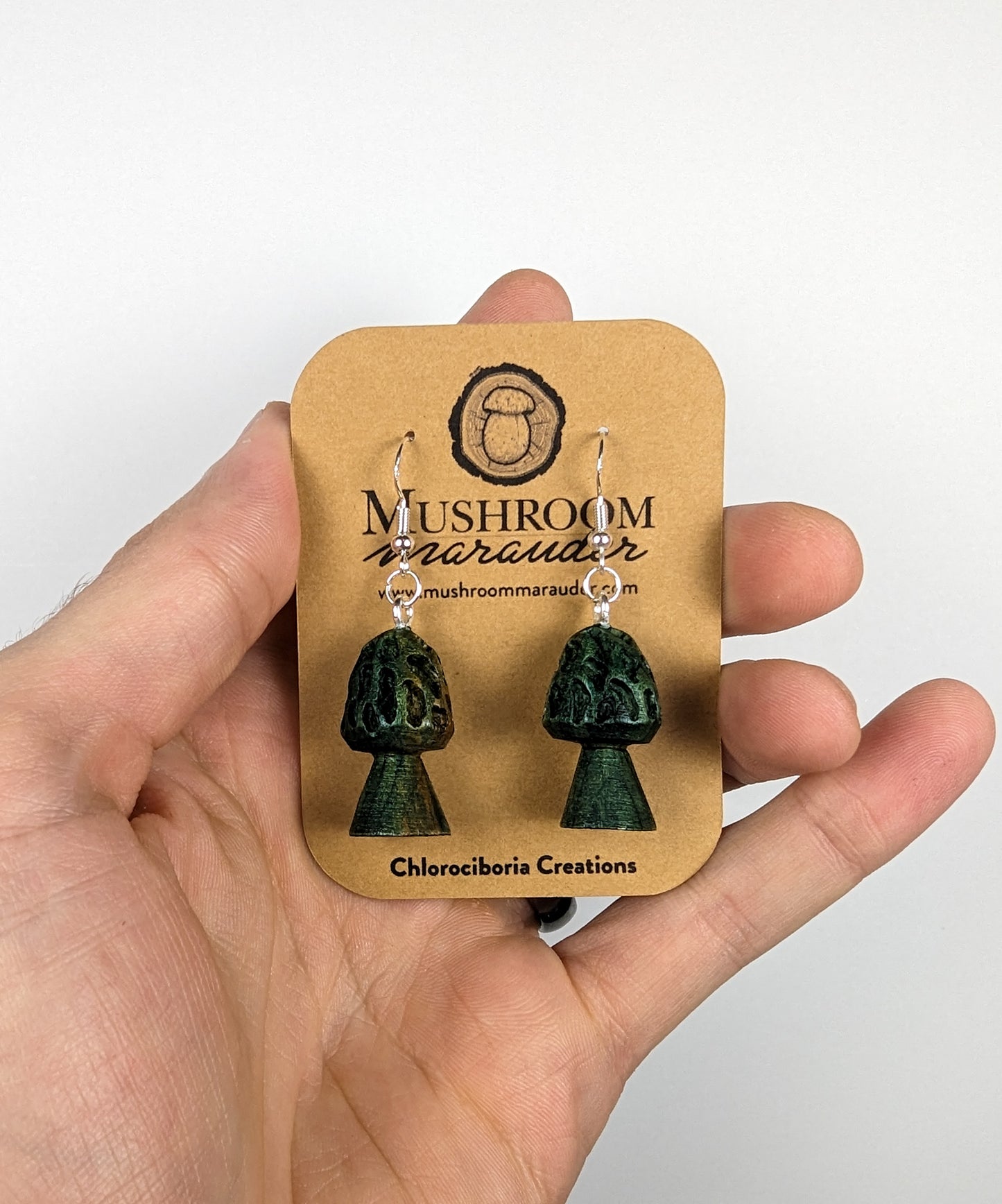 Morel Mushroom Earrings | Carved From Naturally Green, Fungus-Stained Wood