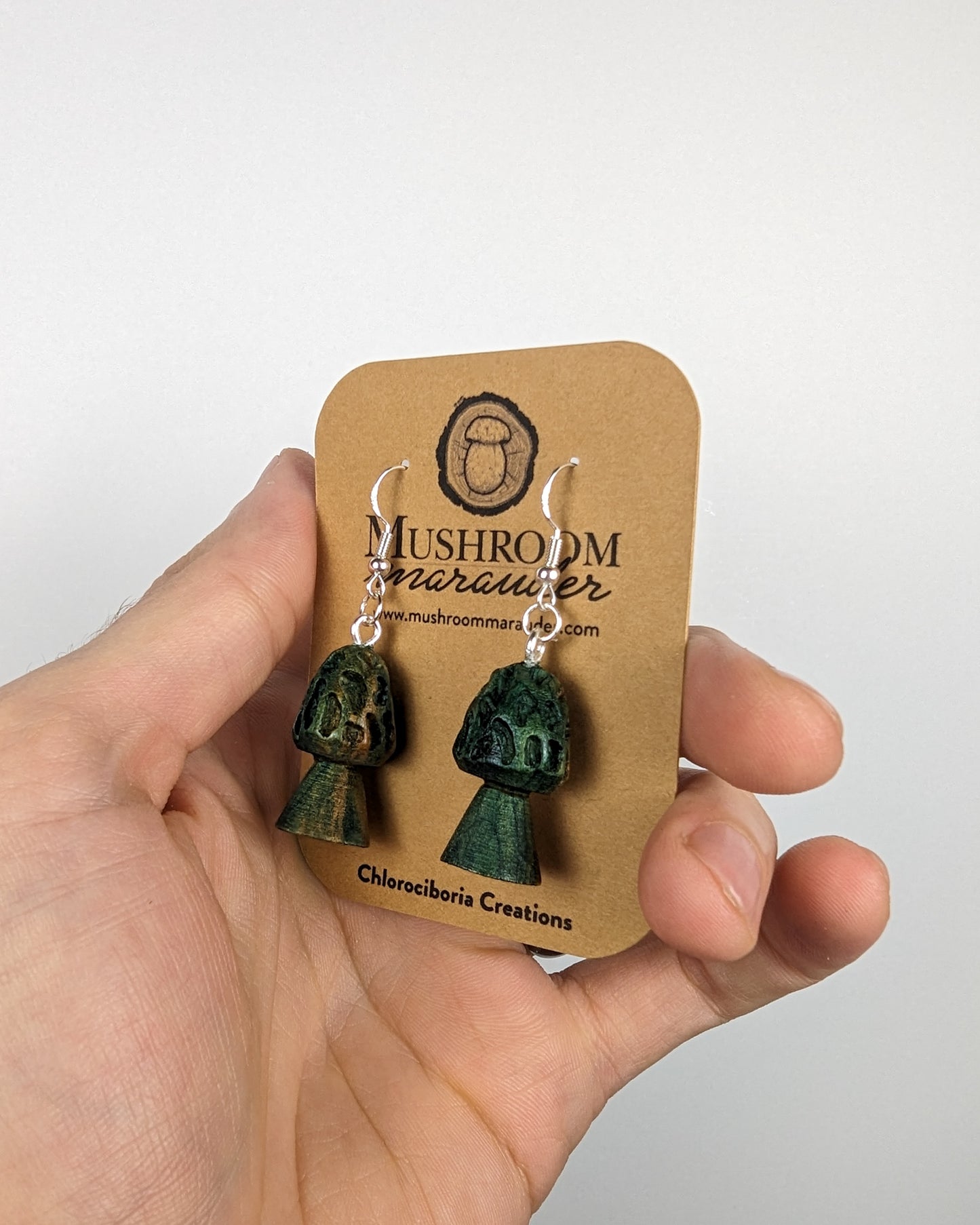 Morel Mushroom Earrings | Carved From Naturally Green, Fungus-Stained Wood