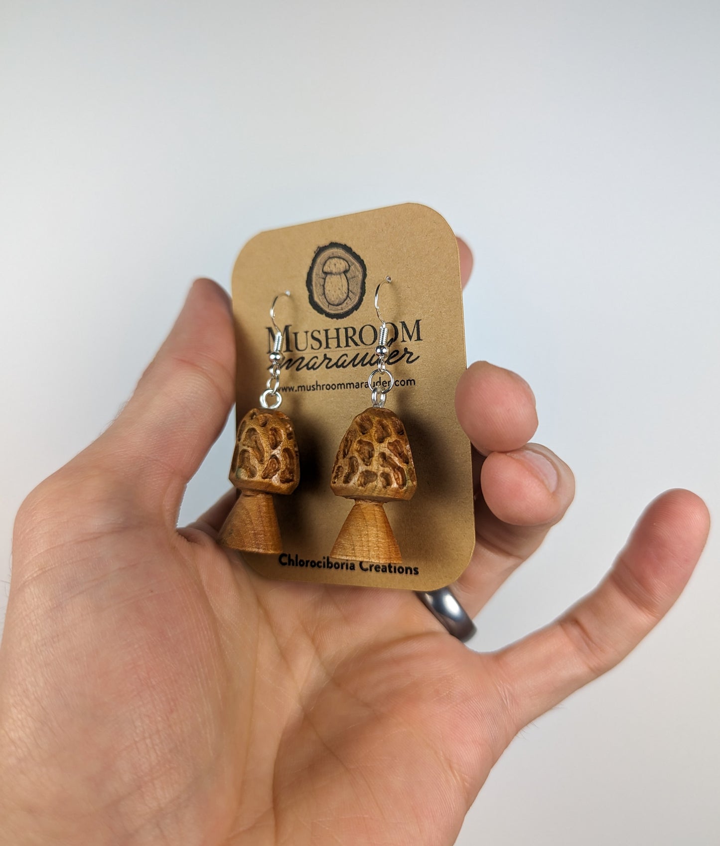 Morel Mushroom Earrings | Carved From Naturally Green, Fungus-Stained Wood