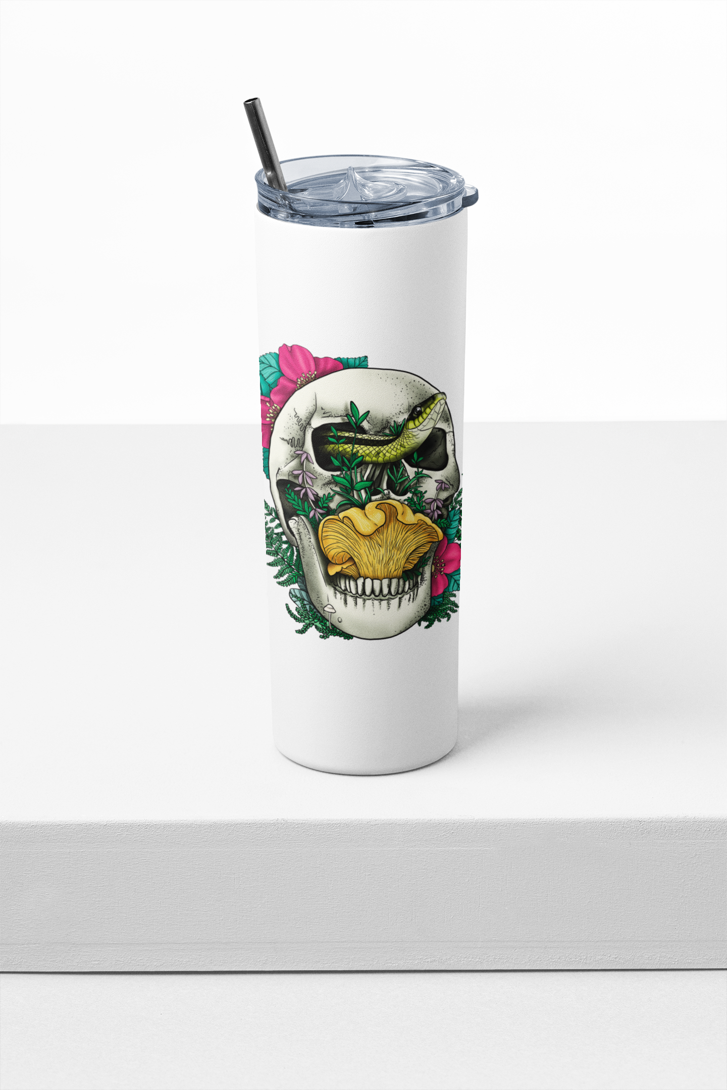 Skull, Snake and Chanterelle Mushroom | 20oz Stainless Steel Skinny Tumbler | Morbid Mushroom Artwork