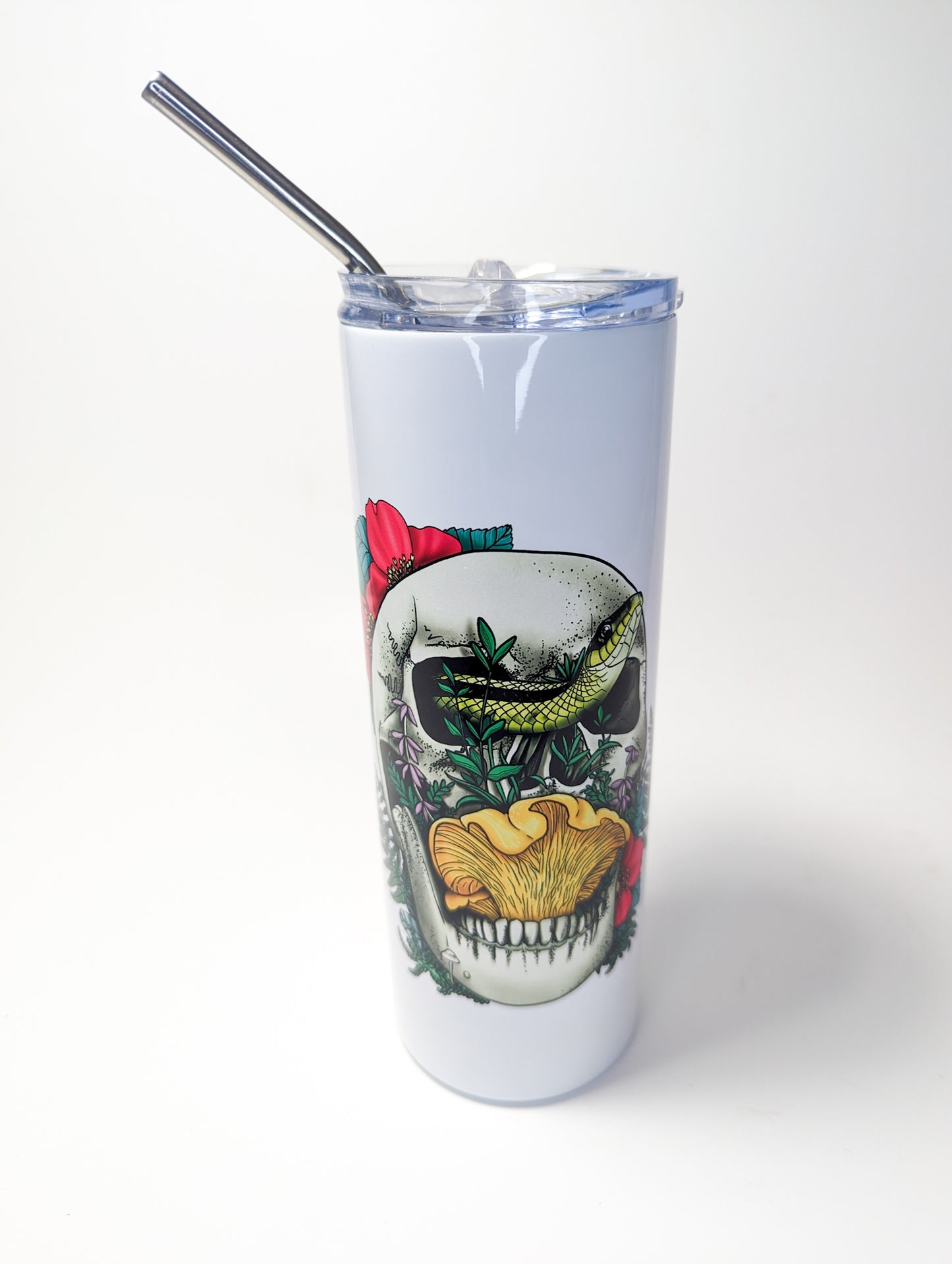 Skull, Snake and Chanterelle Mushroom | 20oz Stainless Steel Skinny Tumbler | Morbid Mushroom Artwork
