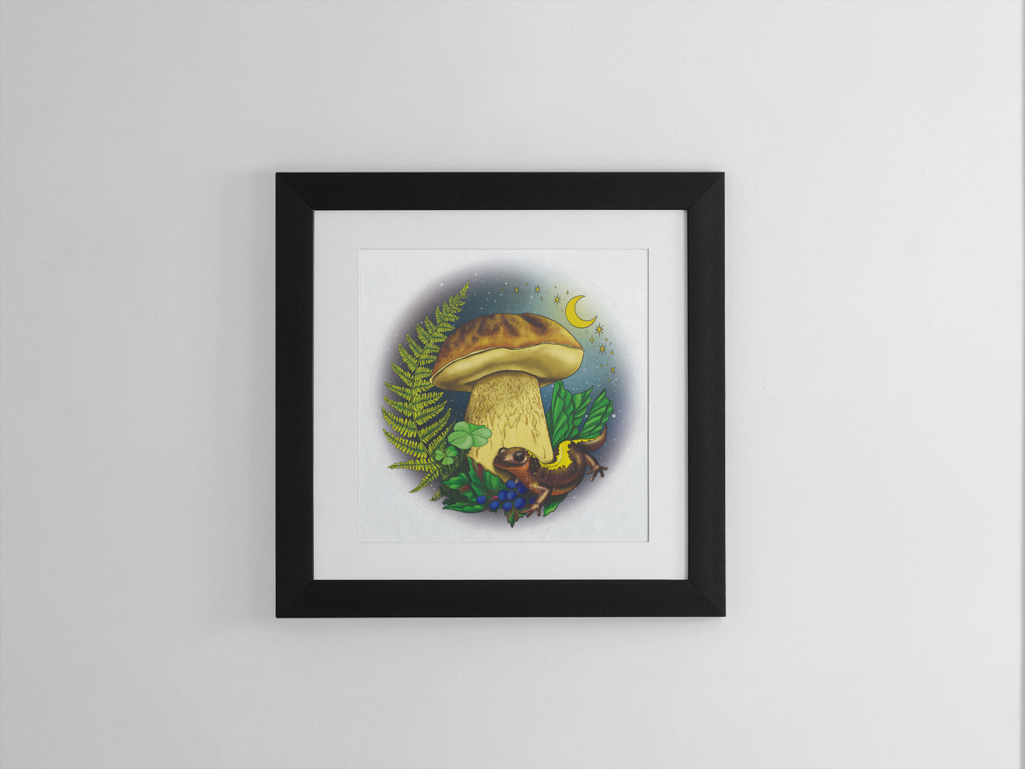 Porcini Mushroom and Salamander | 8"x8" Print | Beautiful Nature Wall Hanging