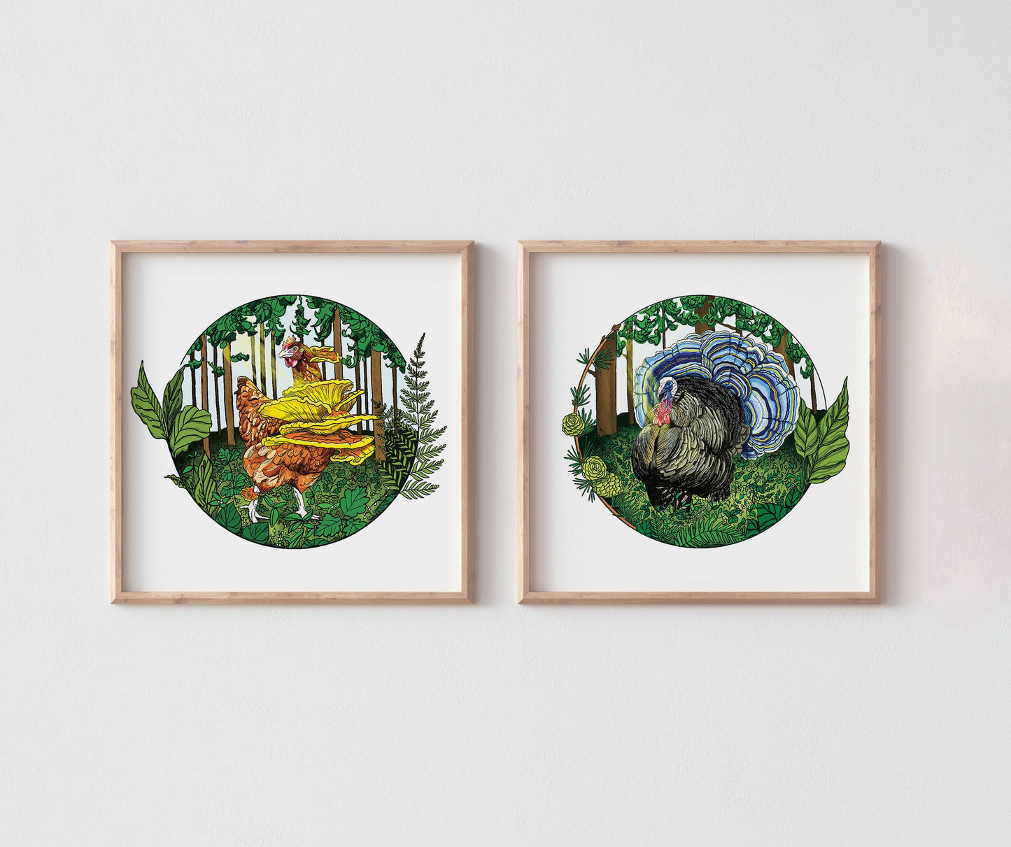 Fowl Play Duo | Set of Two 8"x8" Prints | Chicken of the Woods | Turkey Tail
