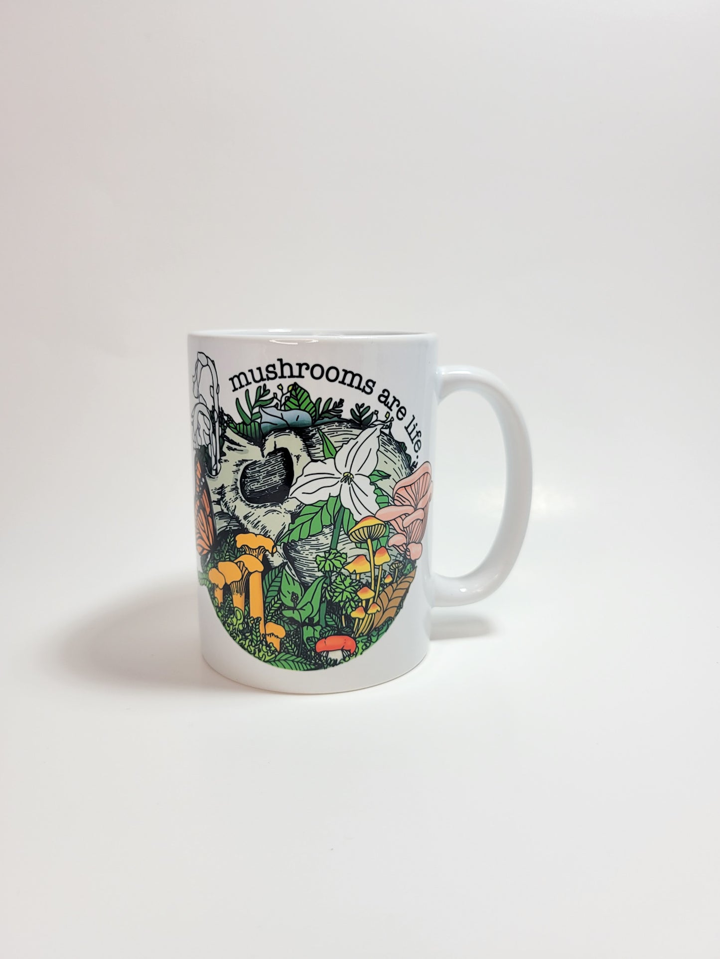 Mushrooms Are Life | Skull, Flowers and Mushroom Artwork on Ceramic Cup | 11oz/15oz Sizes