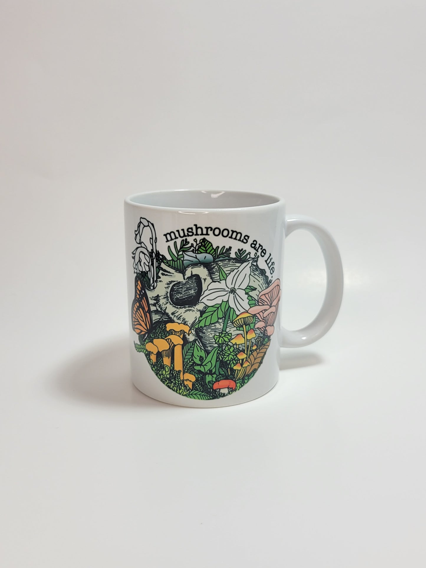 Mushrooms Are Life | Skull, Flowers and Mushroom Artwork on Ceramic Cup | 11oz/15oz Sizes