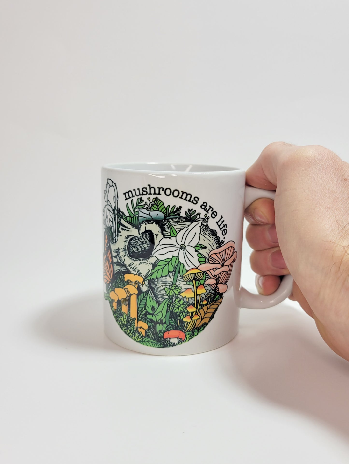Mushrooms Are Life | Skull, Flowers and Mushroom Artwork on Ceramic Cup | 11oz/15oz Sizes