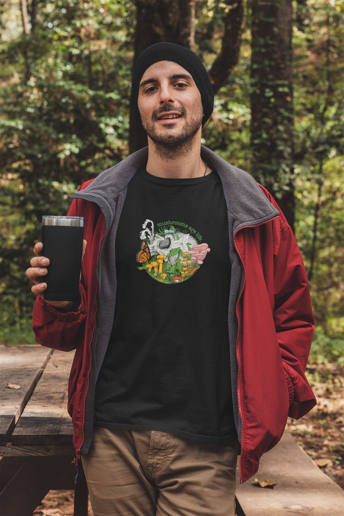 Mushrooms Are Life. T-shirt | Human Skull, Flowers and Fungi | 100% Cotton