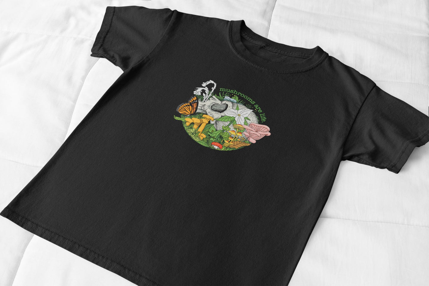 Mushrooms Are Life. T-shirt | Human Skull, Flowers and Fungi | 100% Cotton