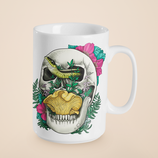 Skull, Snake and Chanterelle Mushroom | Morbid Nature Artwork on Ceramic Cup | 11oz/15oz Sizes