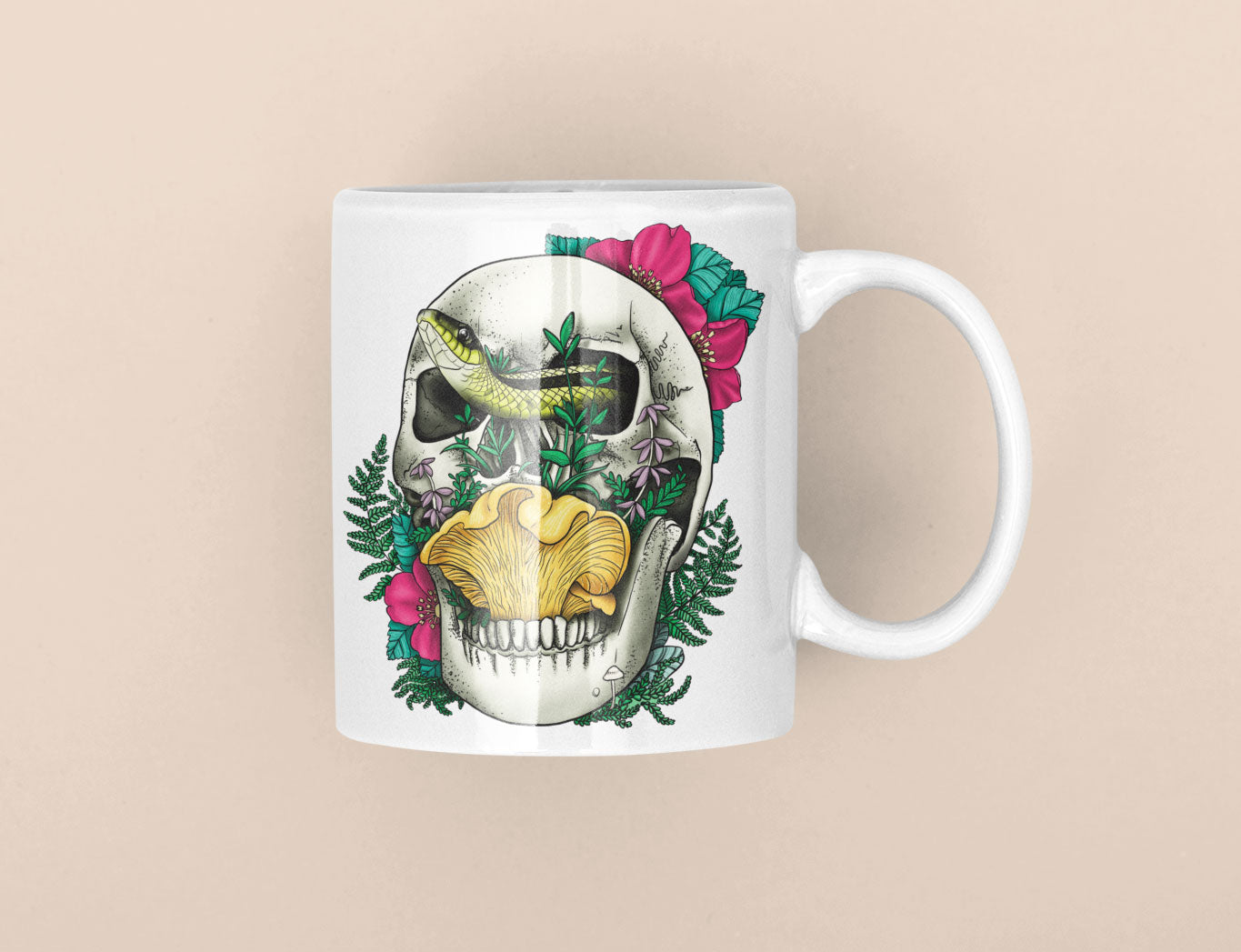 Skull, Snake and Chanterelle Mushroom | Morbid Nature Artwork on Ceramic Cup | 11oz/15oz Sizes