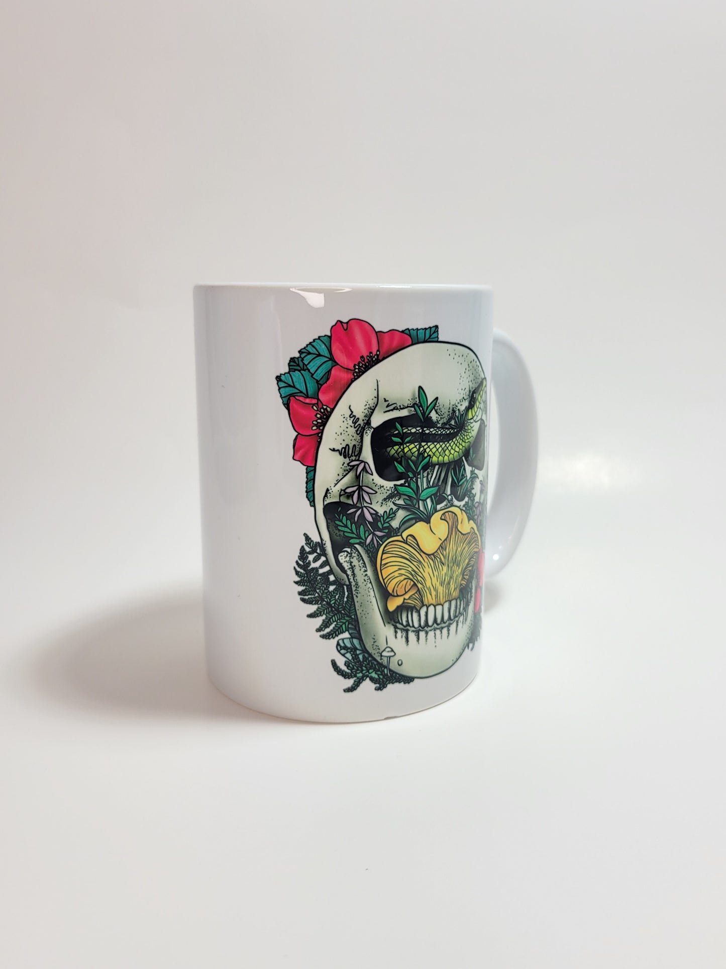 Skull, Snake and Chanterelle Mushroom | Morbid Nature Artwork on Ceramic Cup | 11oz/15oz Sizes