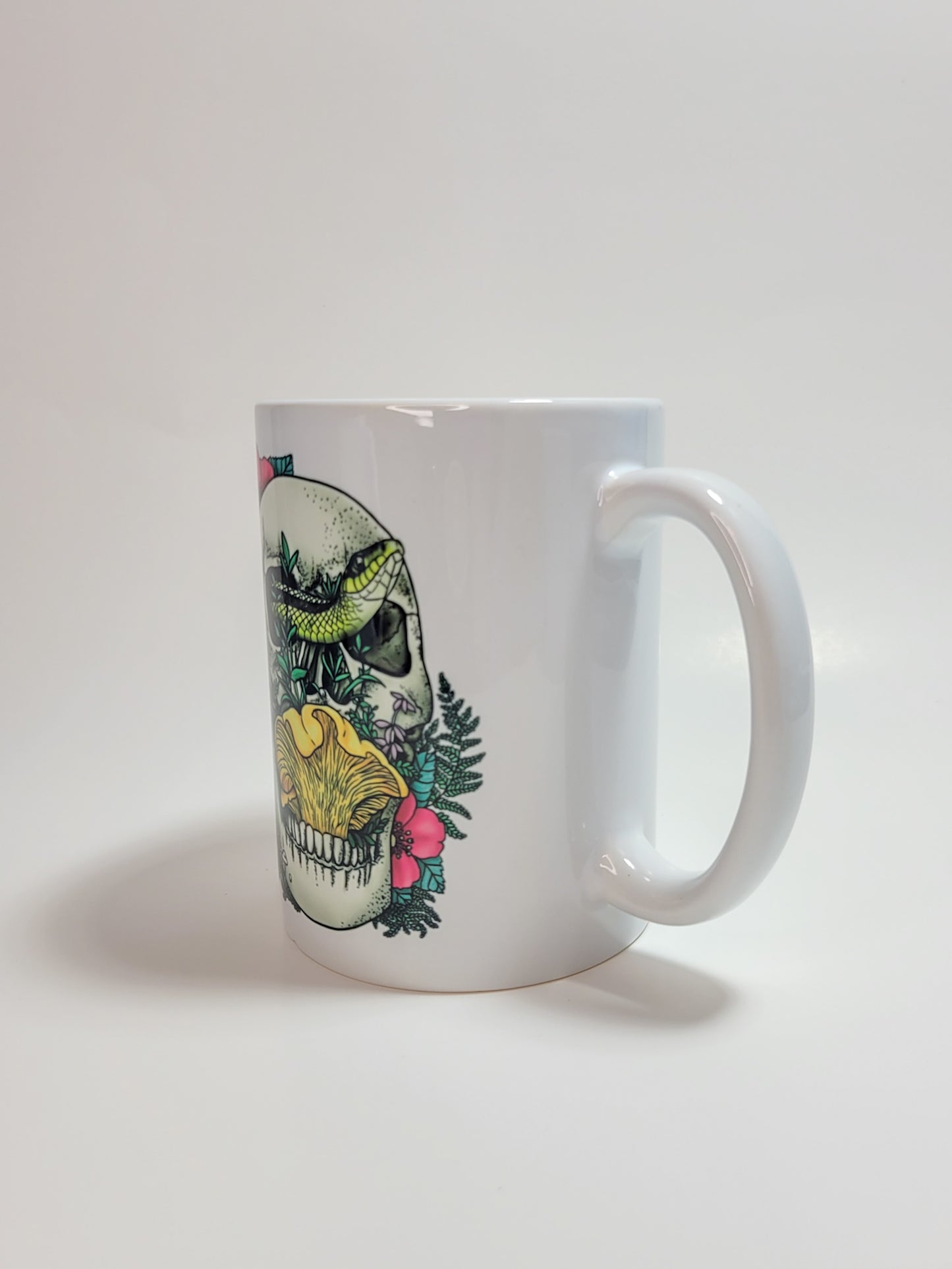 Skull, Snake and Chanterelle Mushroom | Morbid Nature Artwork on Ceramic Cup | 11oz/15oz Sizes
