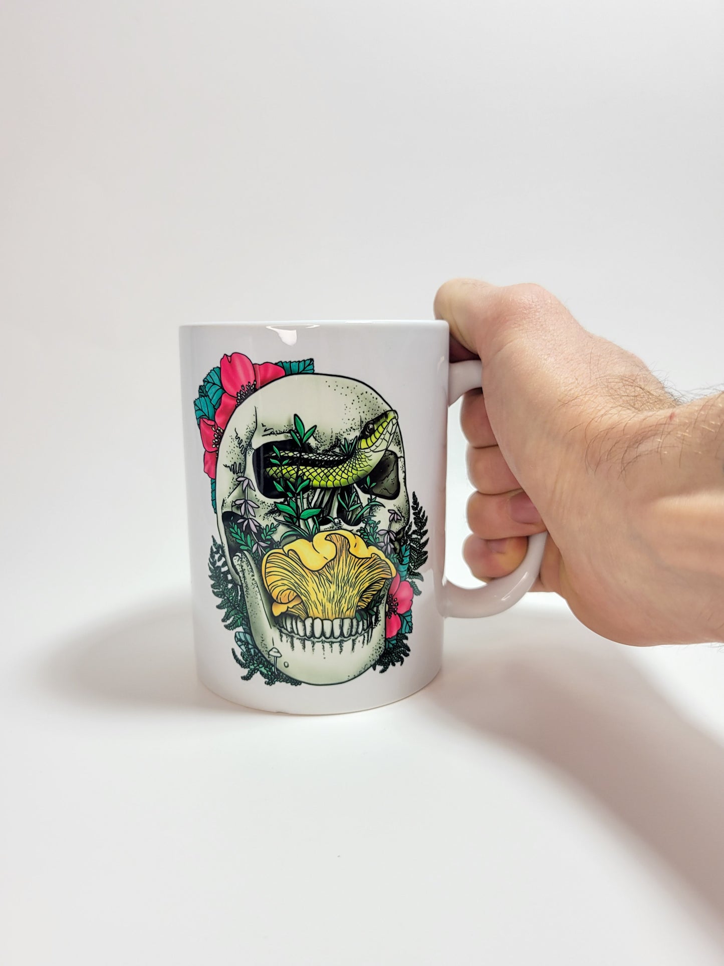 Skull, Snake and Chanterelle Mushroom | Morbid Nature Artwork on Ceramic Cup | 11oz/15oz Sizes