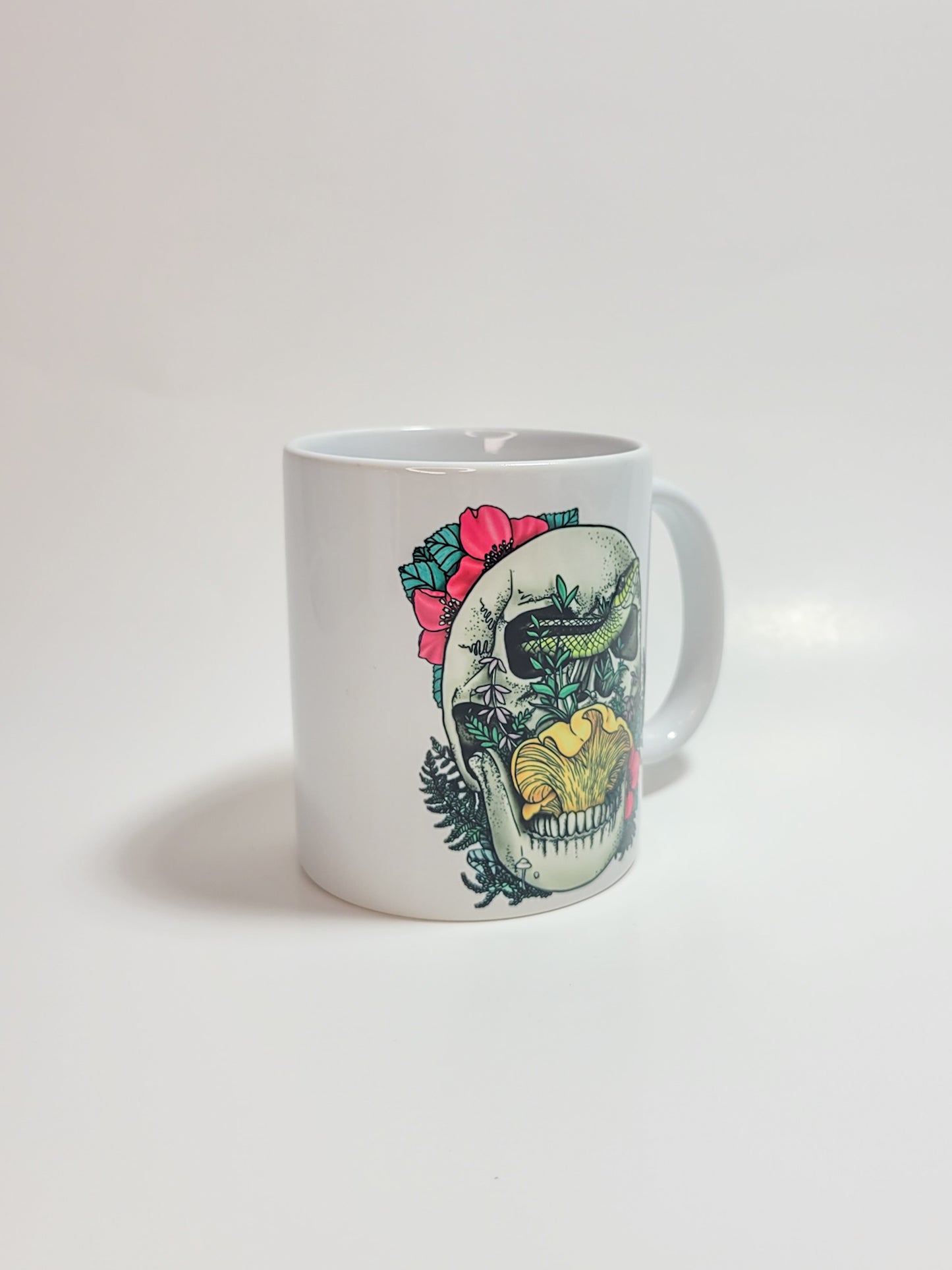 Skull, Snake and Chanterelle Mushroom | Morbid Nature Artwork on Ceramic Cup | 11oz/15oz Sizes