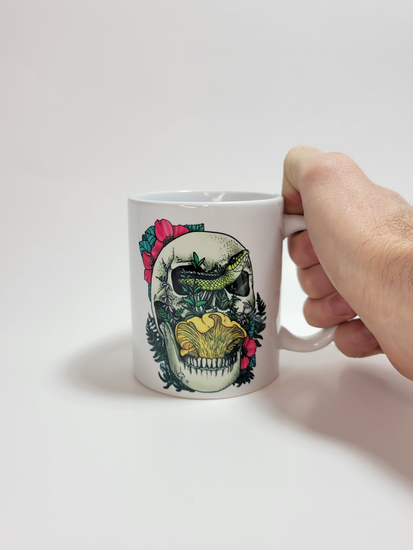 Skull, Snake and Chanterelle Mushroom | Morbid Nature Artwork on Ceramic Cup | 11oz/15oz Sizes