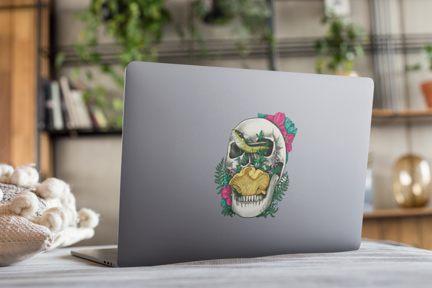 Skull, Snake, Chanterelle and Flowers | Morbid Mushroom Sticker