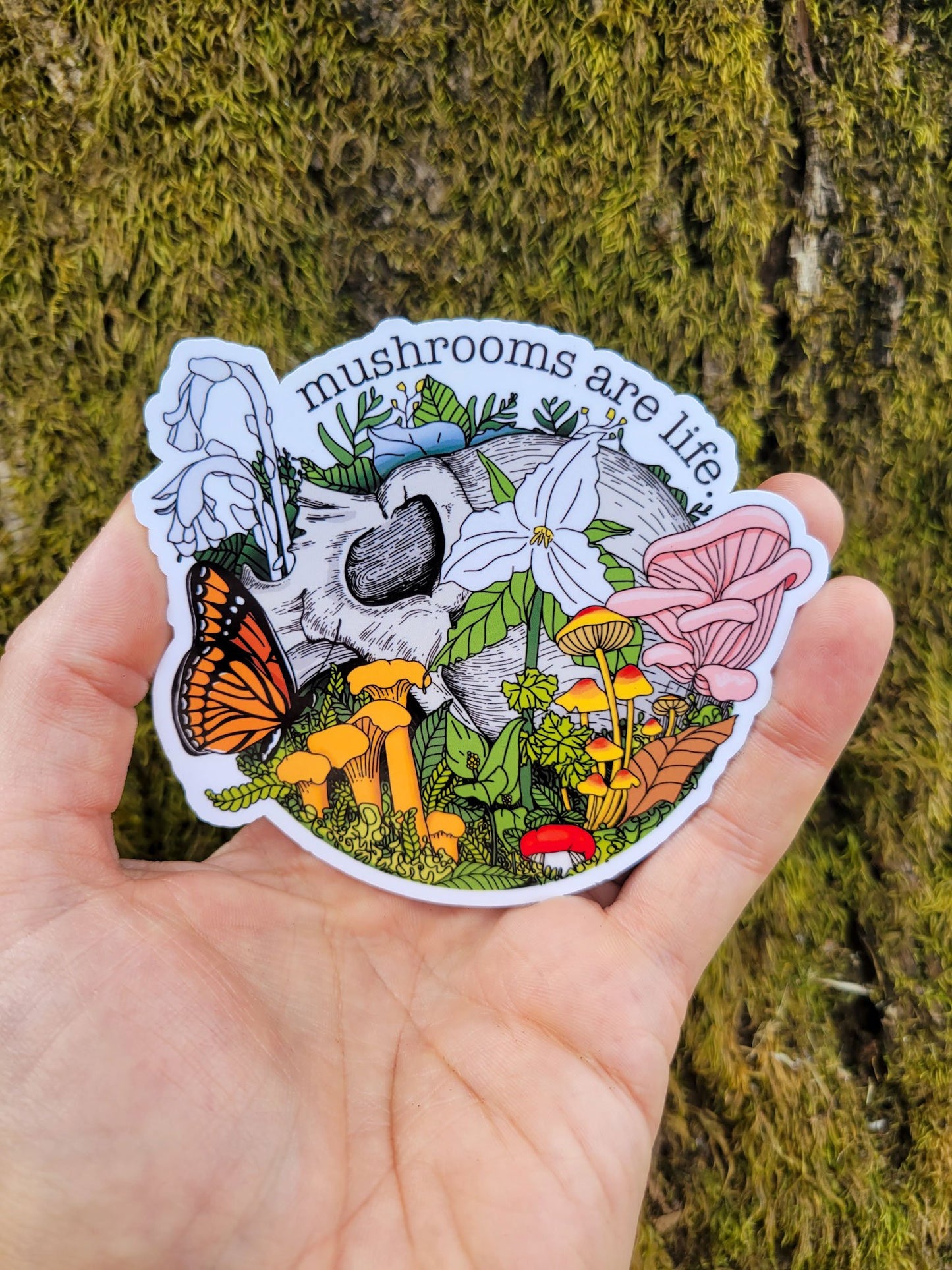 Mushrooms Are Life Sticker | Skull and Flowers and Mushrooms | Beautiful Morbid Nature Sticker