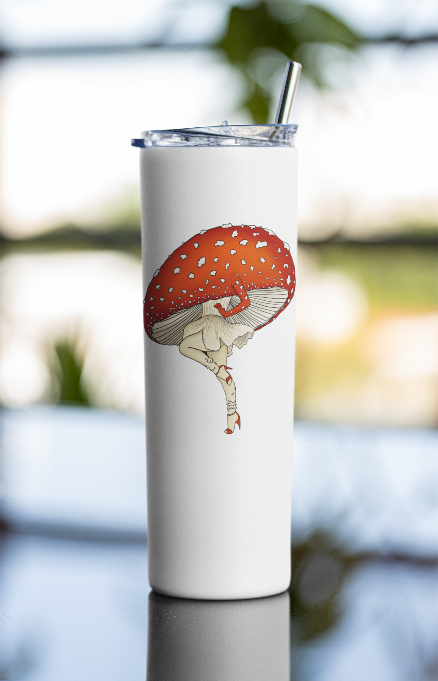 Miss Amanita | 20oz Stainless Steel Skinny Tumbler | Mushroom Pinup Girl