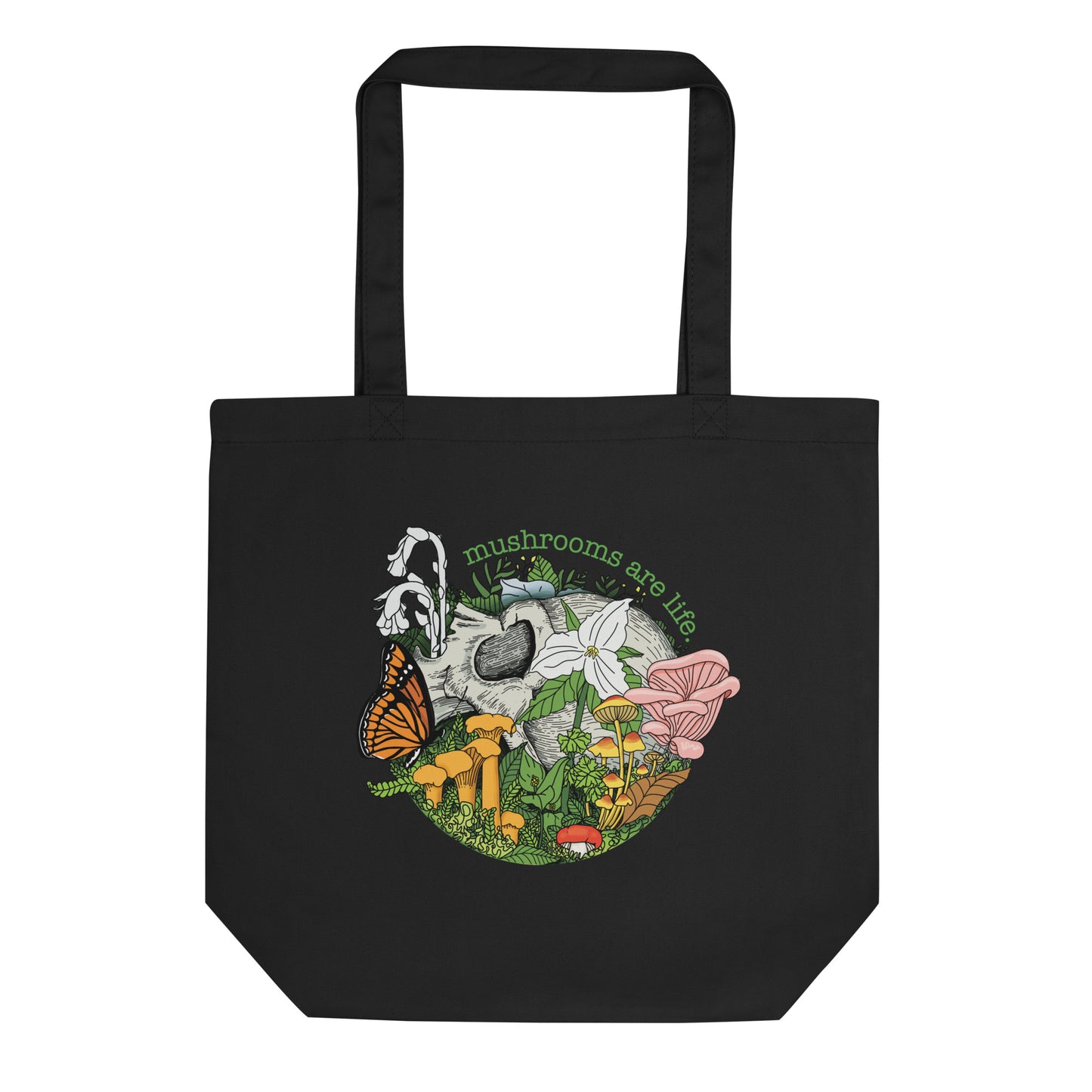 Mushrooms Are Life. | Eco-Friendly Tote Bag | Human Skull, Flowers, Fungi