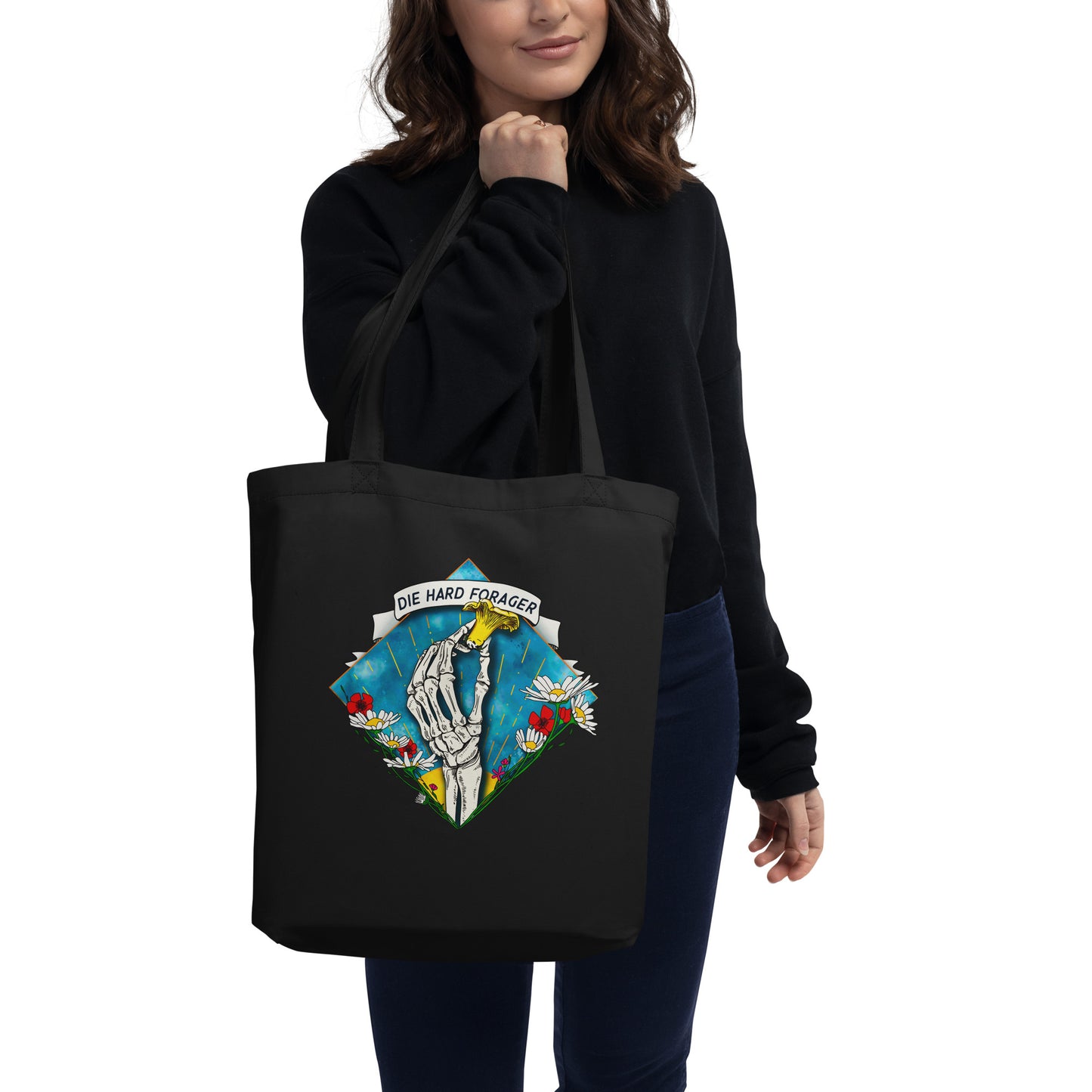 Die Hard Forager | Eco-Friendly Tote Bag | Skeletal Hand | Chanterelle Mushroom