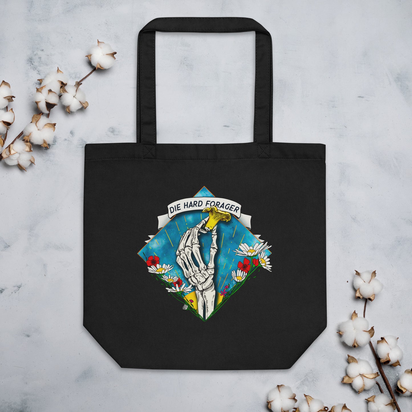 Die Hard Forager | Eco-Friendly Tote Bag | Skeletal Hand | Chanterelle Mushroom
