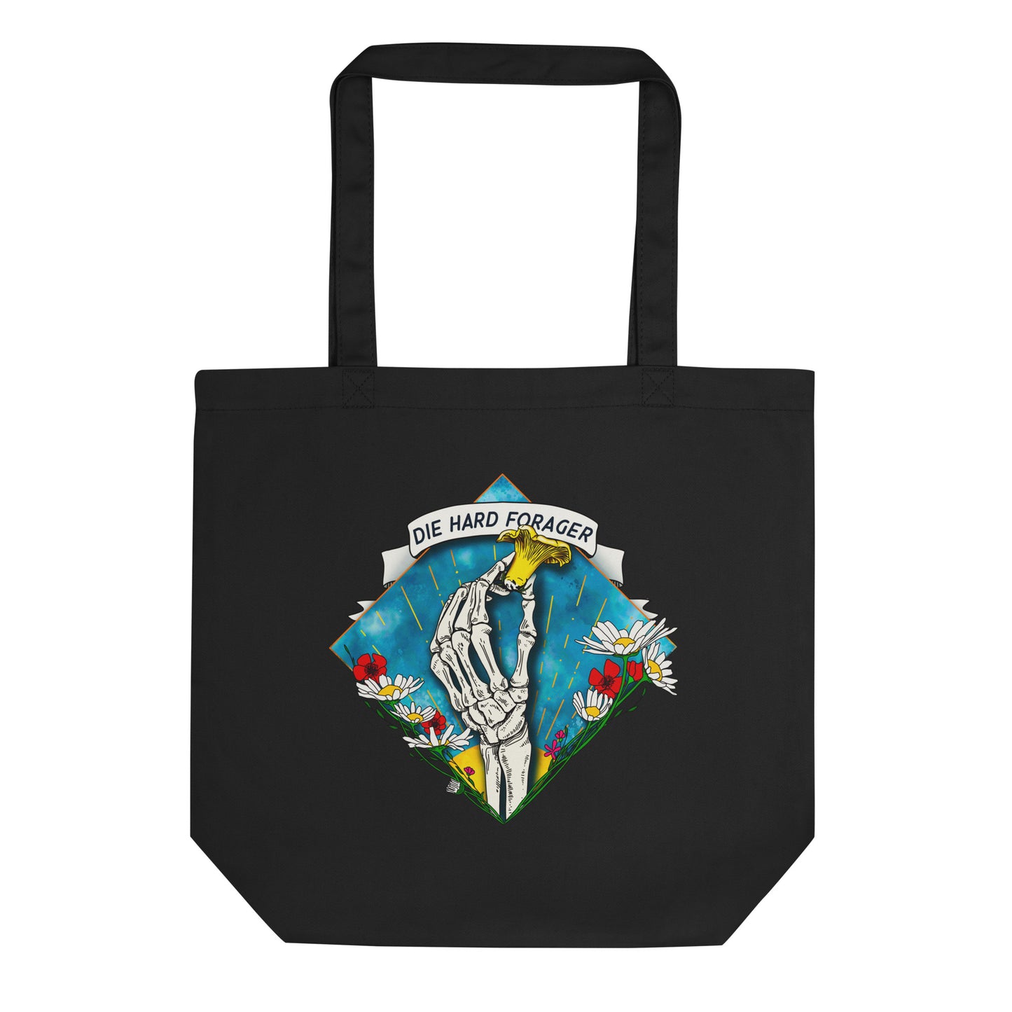 Die Hard Forager | Eco-Friendly Tote Bag | Skeletal Hand | Chanterelle Mushroom