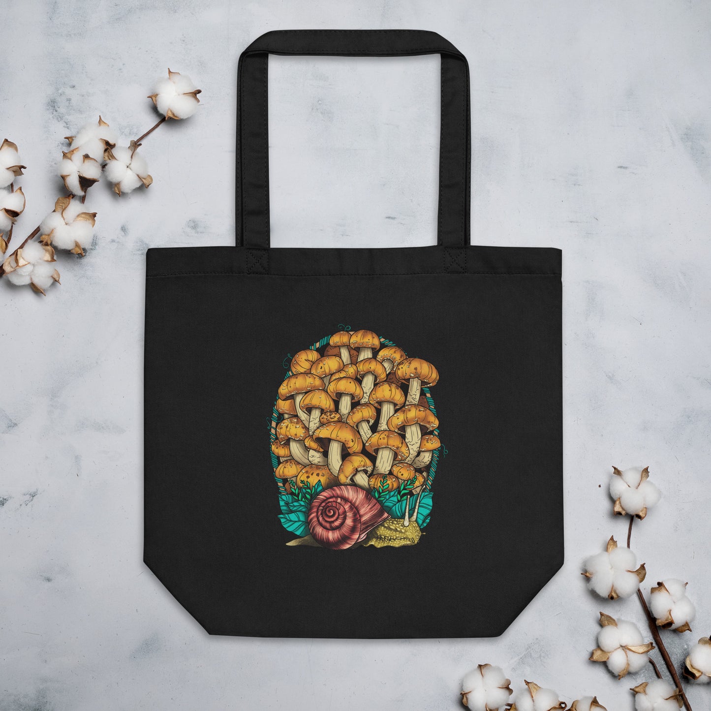 Land Snail and Chestnut Mushrooms | Eco-Friendly Tote Bag | Beautiful Mushroom Artwork