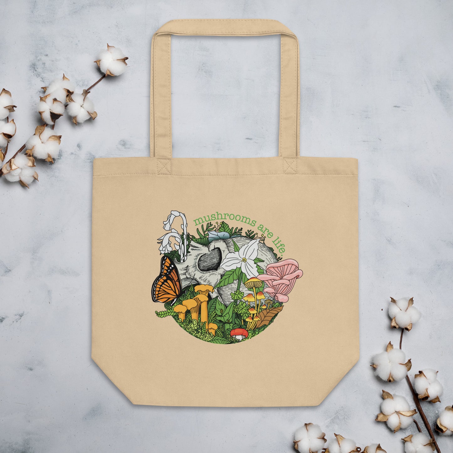 Mushrooms Are Life. | Eco-Friendly Tote Bag | Human Skull, Flowers, Fungi