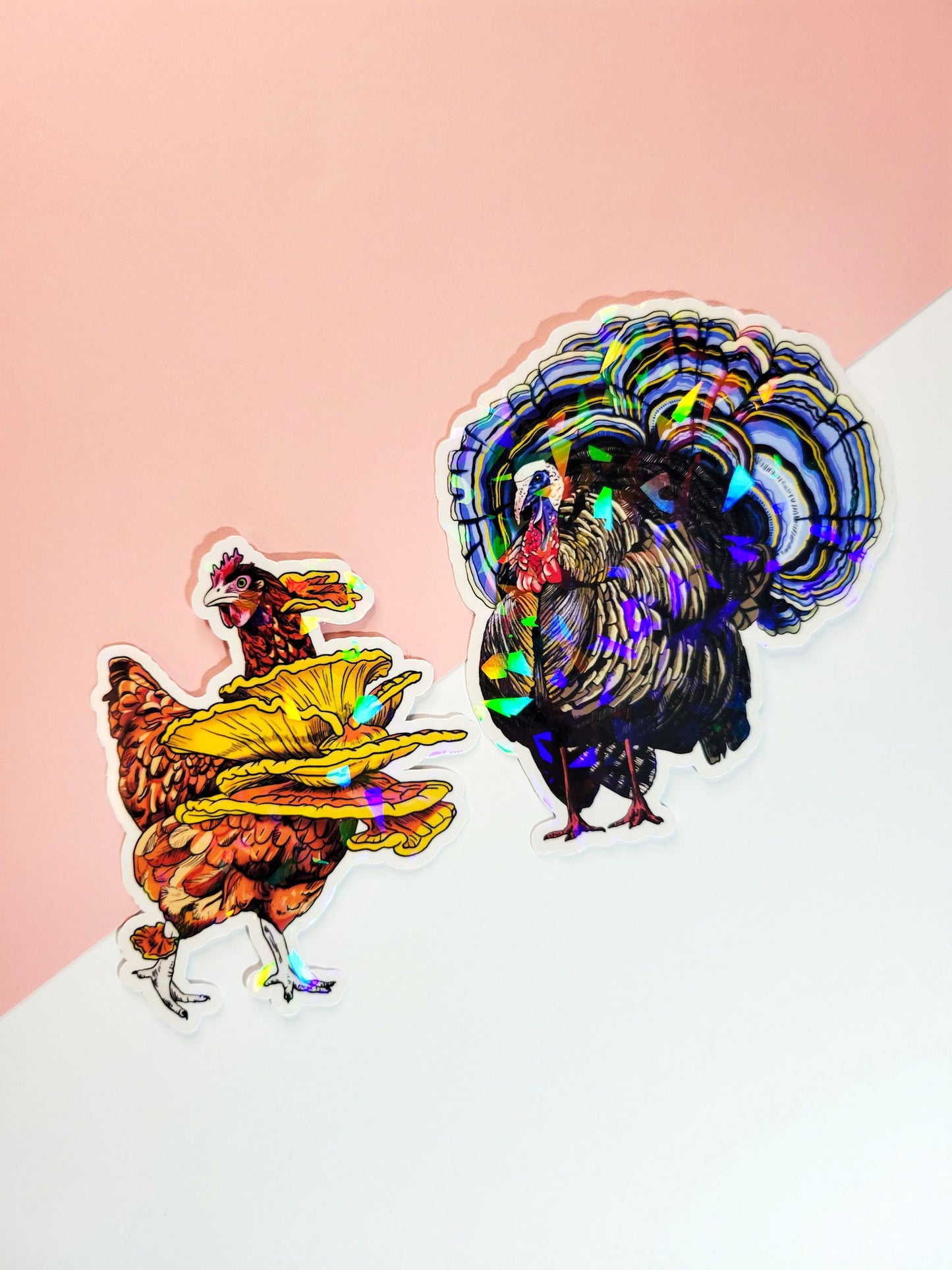 Fowl Play Duo | Set of 2 Funny Mushroom Stickers | Chicken of the Woods | Turkey Tail