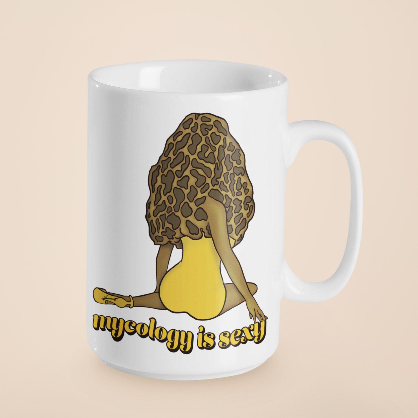 Madam Morel Coffee Mug | Mycology Is Sexy | Mushroom Pinup Girl Artwork | Unique Mushroom Design on Ceramic Cup | 11oz/15oz Sizes