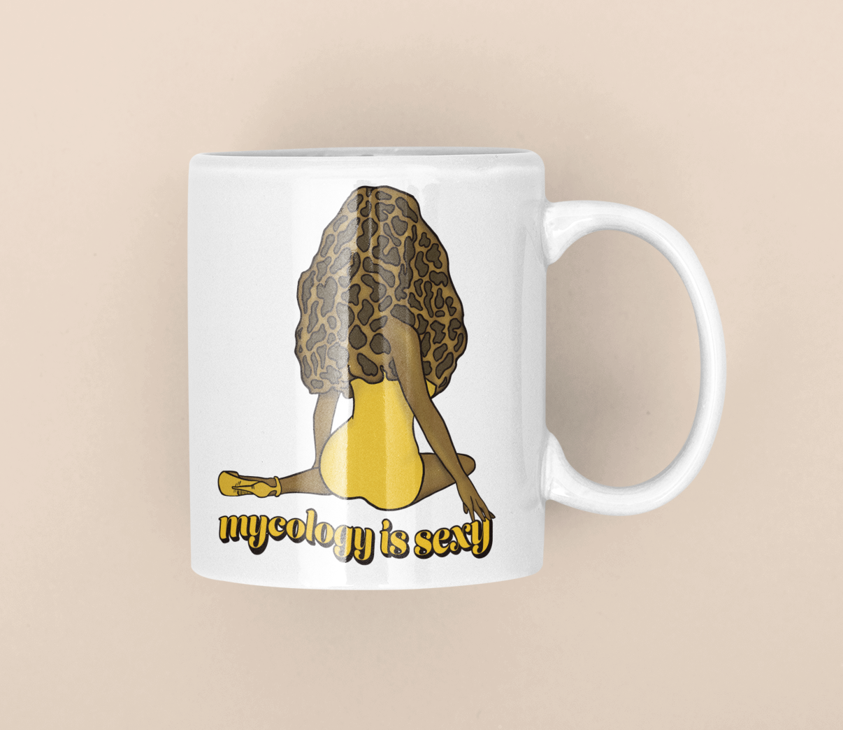 Madam Morel Coffee Mug | Mycology Is Sexy | Mushroom Pinup Girl Artwork | Unique Mushroom Design on Ceramic Cup | 11oz/15oz Sizes