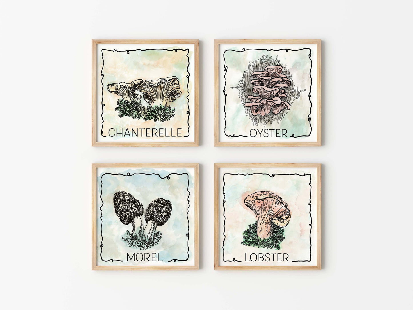 Edible and Beautiful | 4 Prized Wild Mushrooms | Set of Four 5"x5" Prints | Chanterelle, Lobster, Morel and Oyster