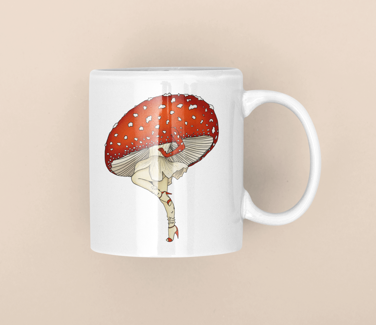 Miss Amanita Coffee Mug | Mushroom Pinup Girl Artwork | Unique Mushroom Design on Ceramic Cup | 11oz/15oz Sizes