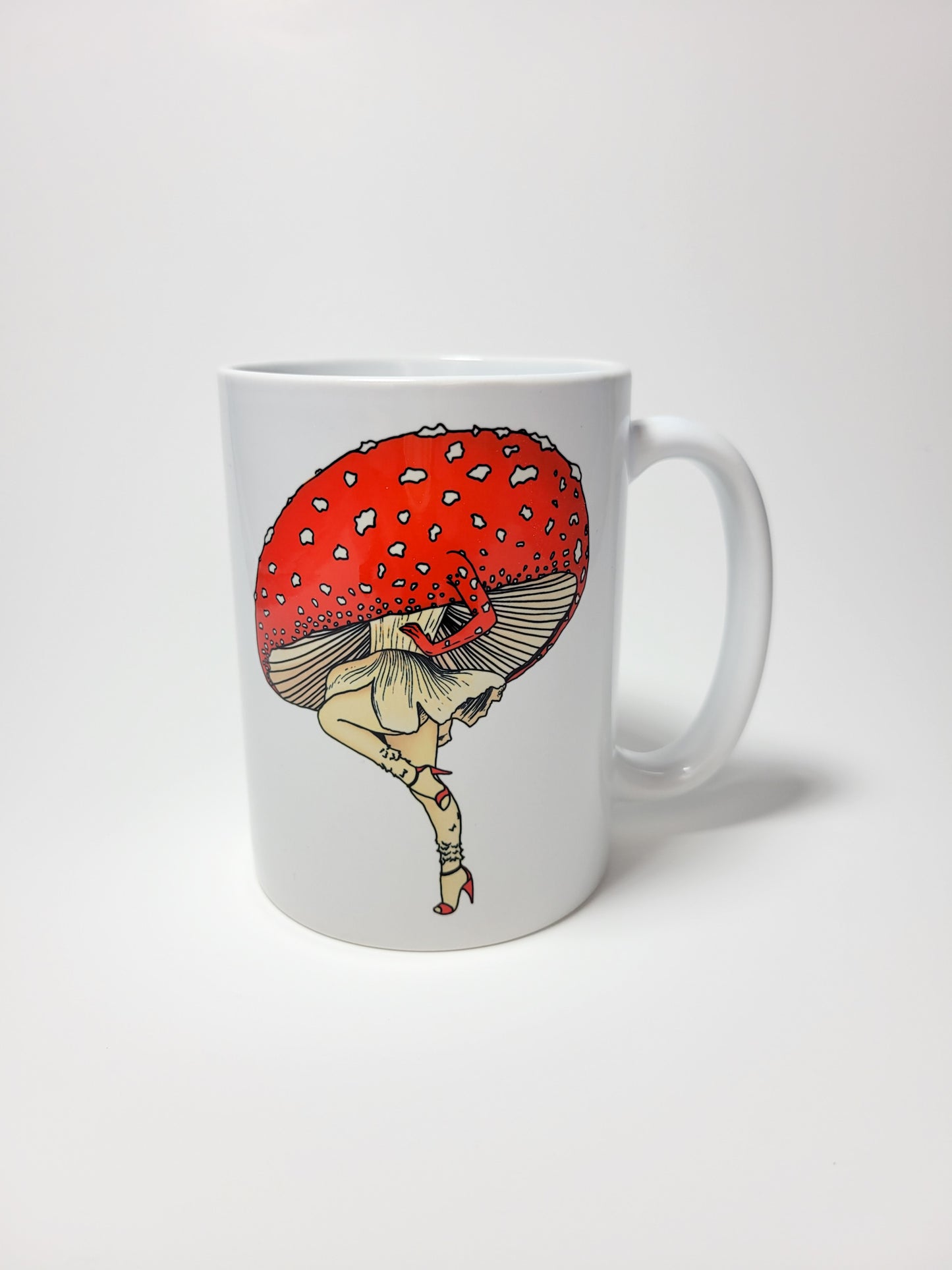 Miss Amanita Coffee Mug | Mushroom Pinup Girl Artwork | Unique Mushroom Design on Ceramic Cup | 11oz/15oz Sizes