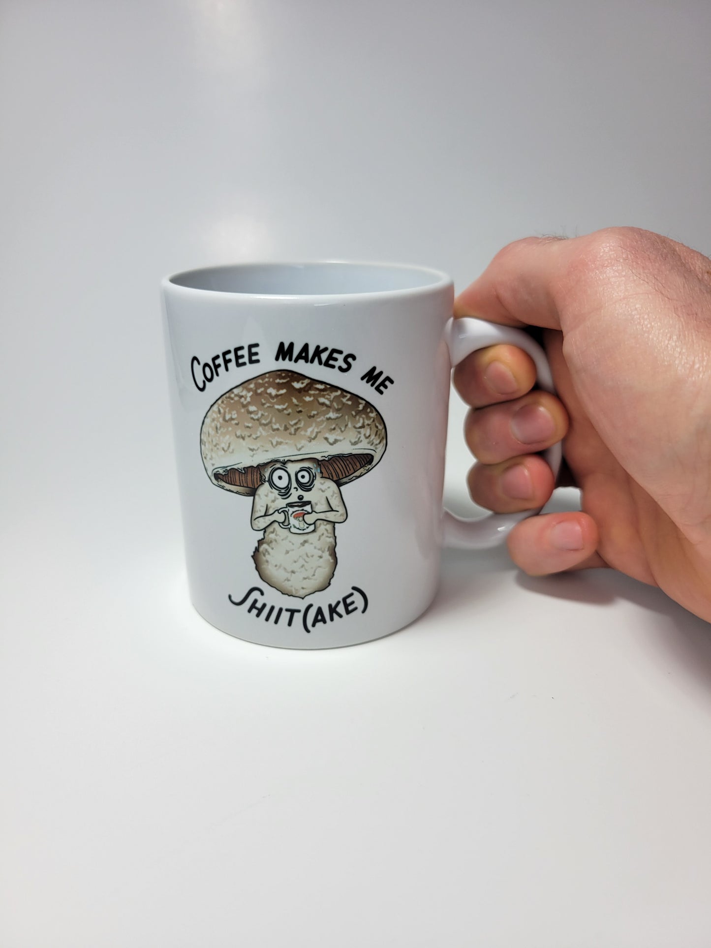 Coffee Makes Me Shiitake | Funny Mushroom Mug | Mushroom Artwork on Ceramic Cup | 11oz/15oz Sizes