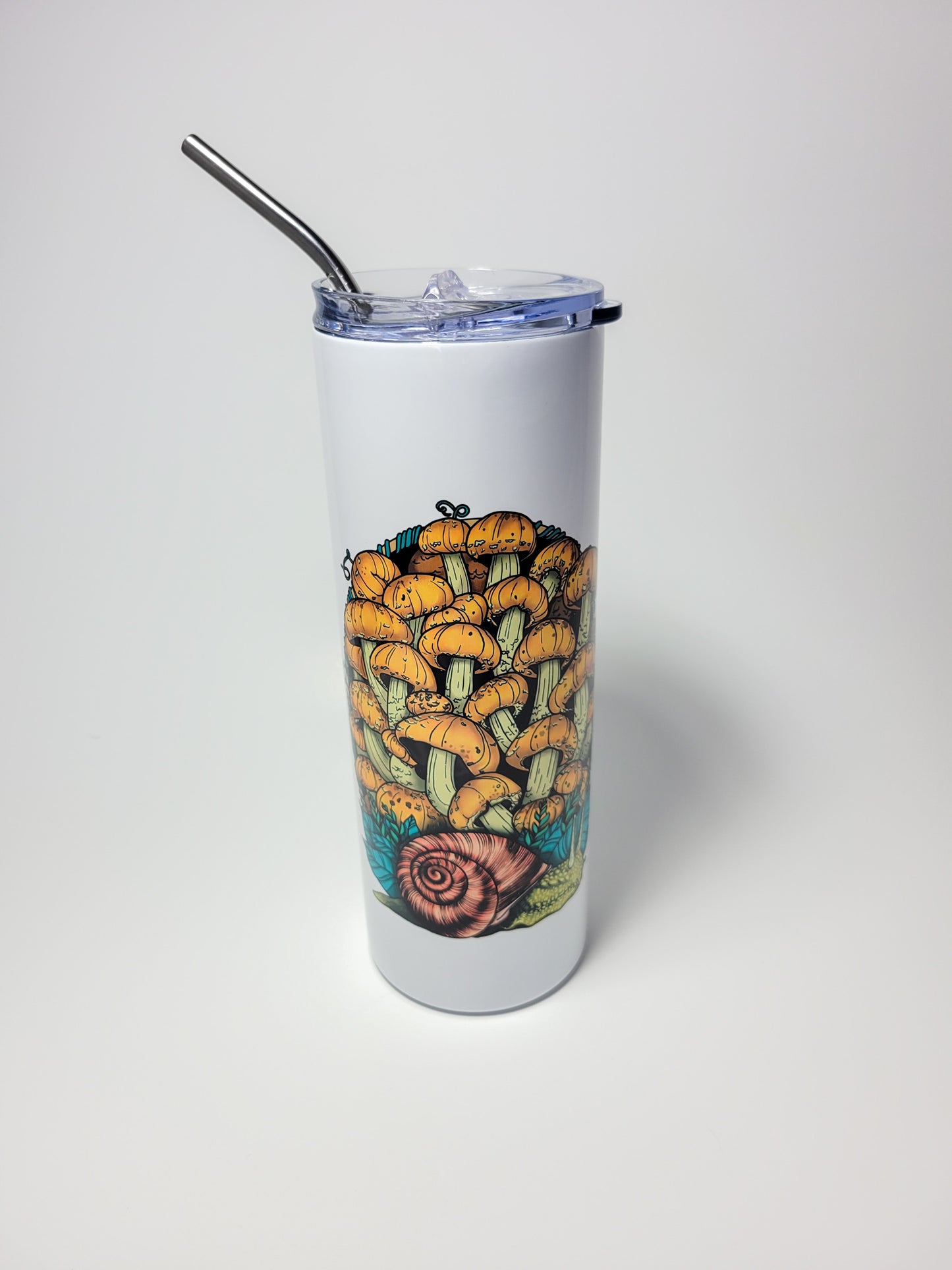 Land Snail and Chestnut Mushrooms | 20oz Stainless Steel Skinny Tumbler | Cottagecore Mushroom Artwork