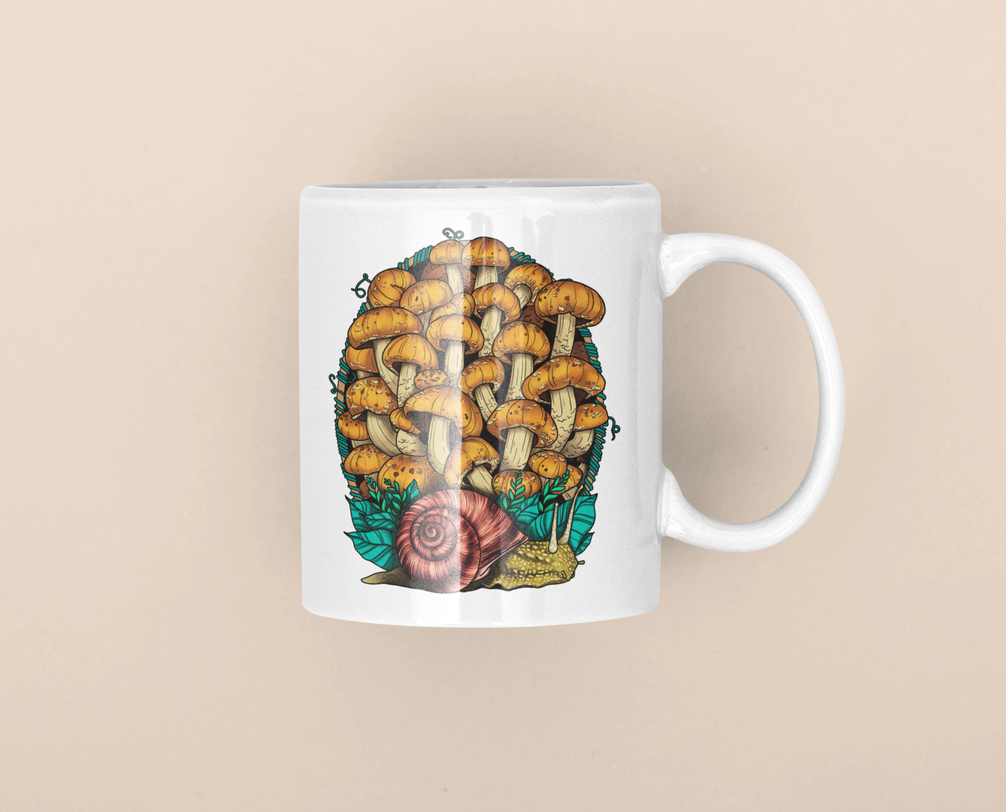 Land Snail and Chestnut Mushrooms Coffee Mug | Cottagecore Artwork on Ceramic Cup | 11oz/15oz Sizes